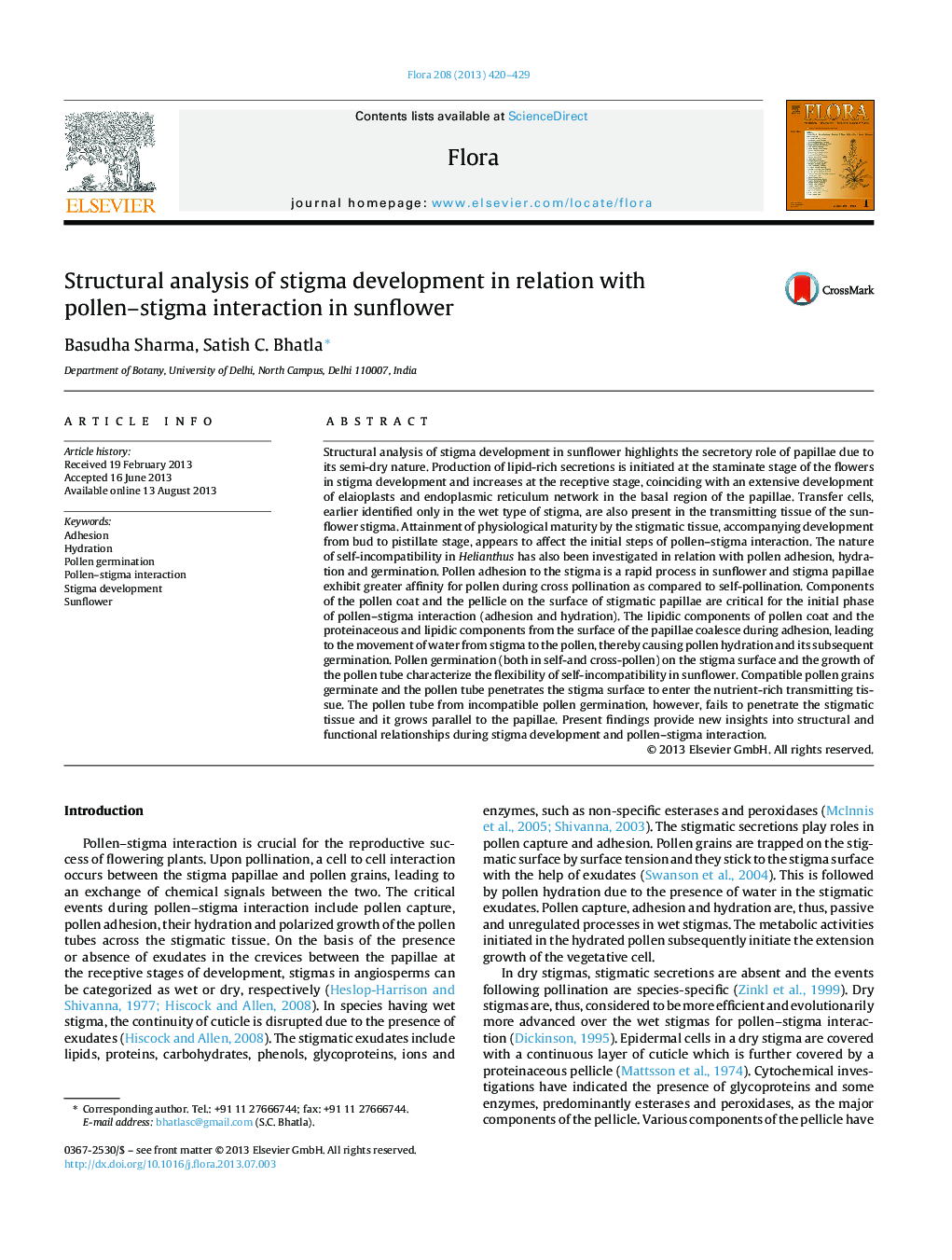 Structural analysis of stigma development in relation with pollen–stigma interaction in sunflower