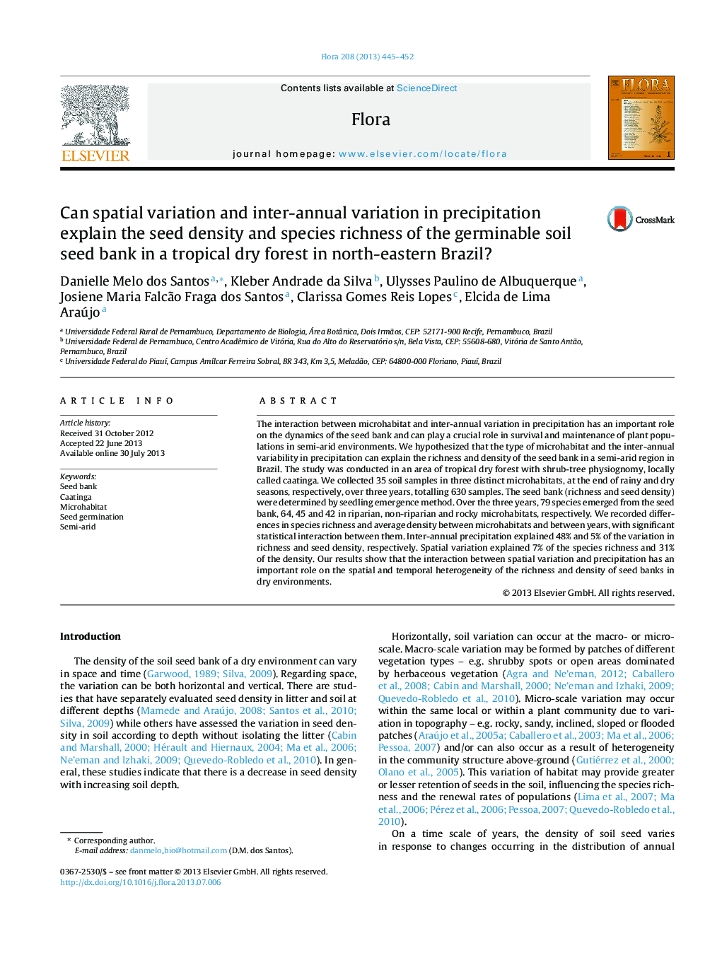 Can spatial variation and inter-annual variation in precipitation explain the seed density and species richness of the germinable soil seed bank in a tropical dry forest in north-eastern Brazil?