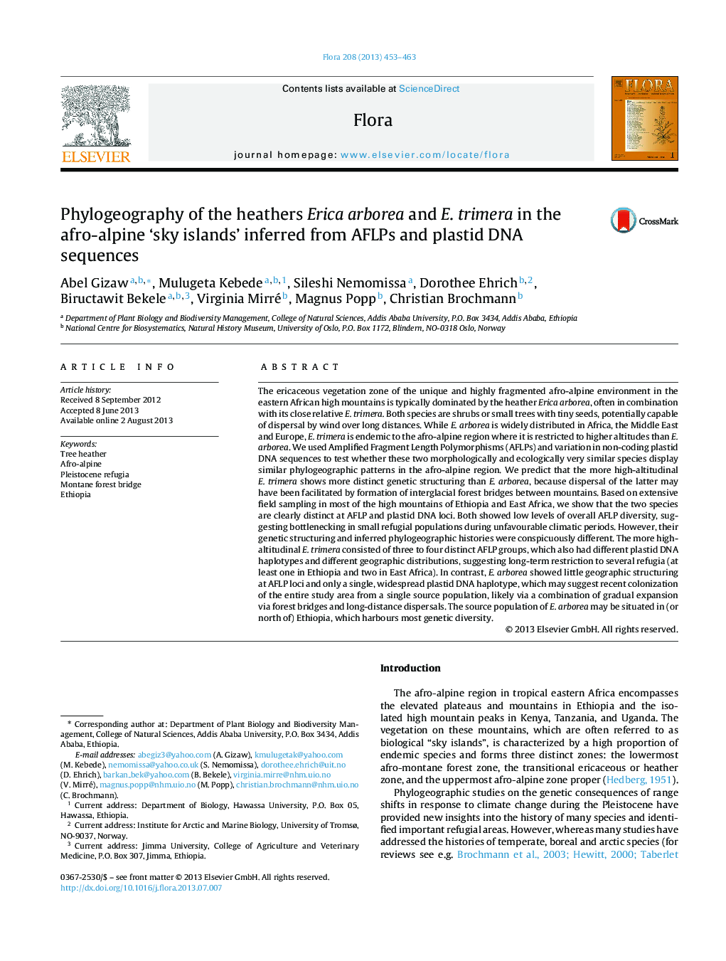 Phylogeography of the heathers Erica arborea and E. trimera in the afro-alpine ‘sky islands’ inferred from AFLPs and plastid DNA sequences