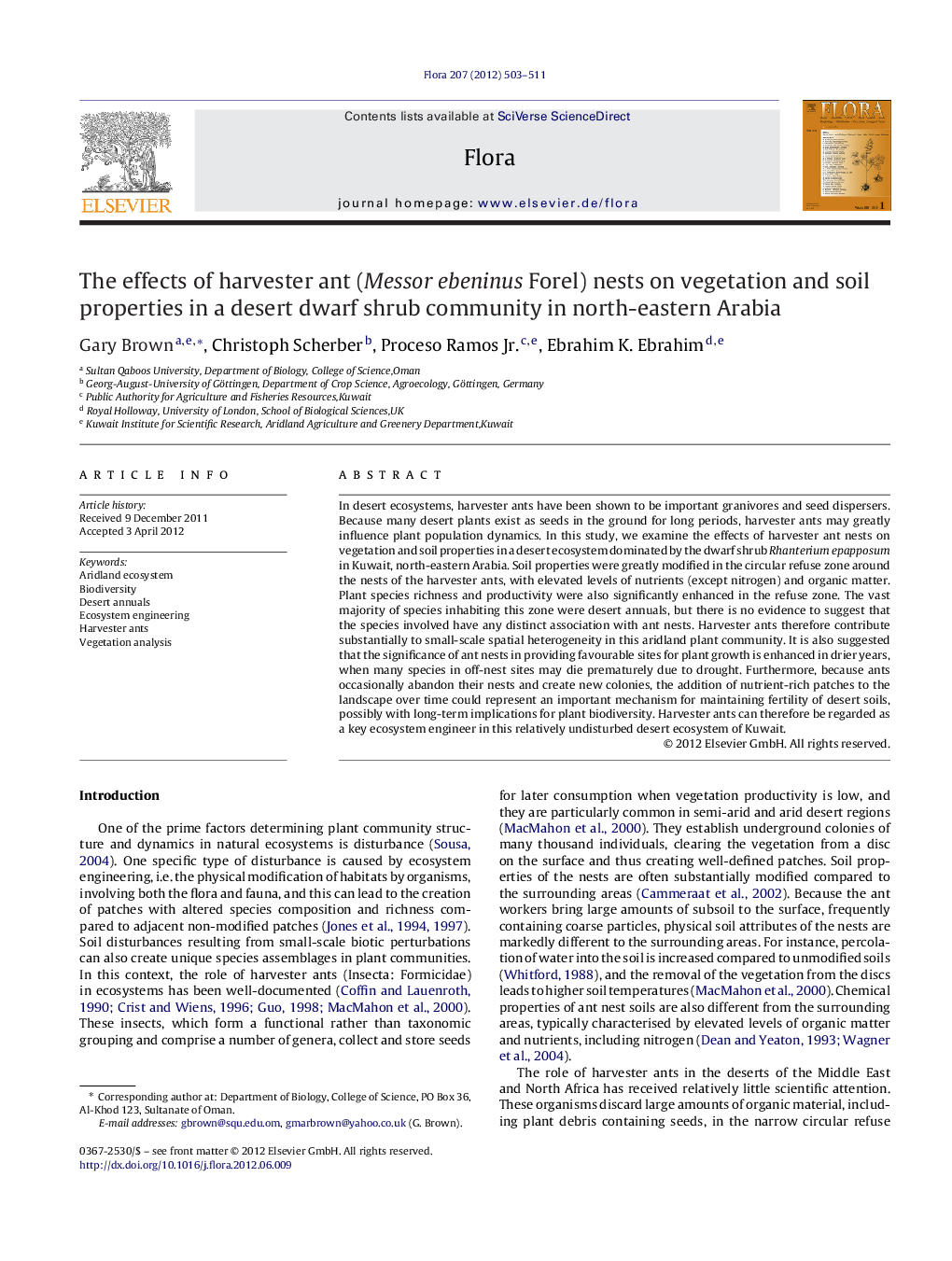 The effects of harvester ant (Messor ebeninus Forel) nests on vegetation and soil properties in a desert dwarf shrub community in north-eastern Arabia