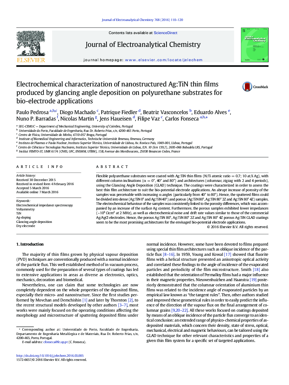 Electrochemical characterization of nanostructured Ag:TiN thin films produced by glancing angle deposition on polyurethane substrates for bio-electrode applications