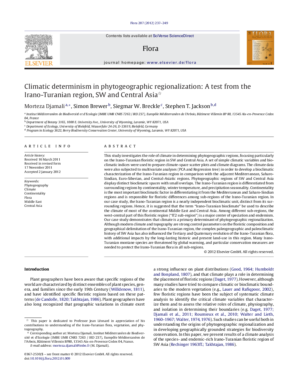 Climatic determinism in phytogeographic regionalization: A test from the Irano-Turanian region, SW and Central Asia 