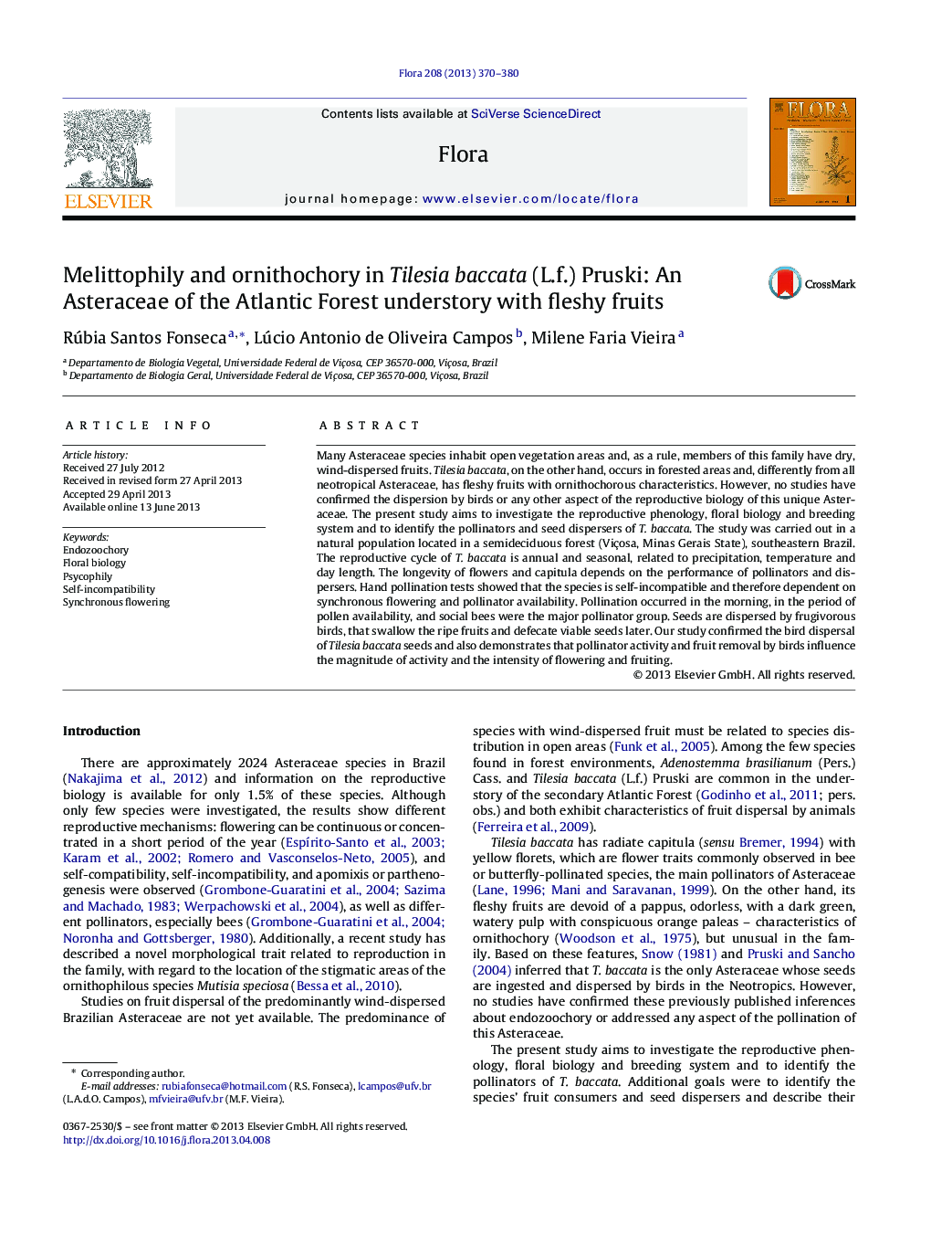 Melittophily and ornithochory in Tilesia baccata (L.f.) Pruski: An Asteraceae of the Atlantic Forest understory with fleshy fruits