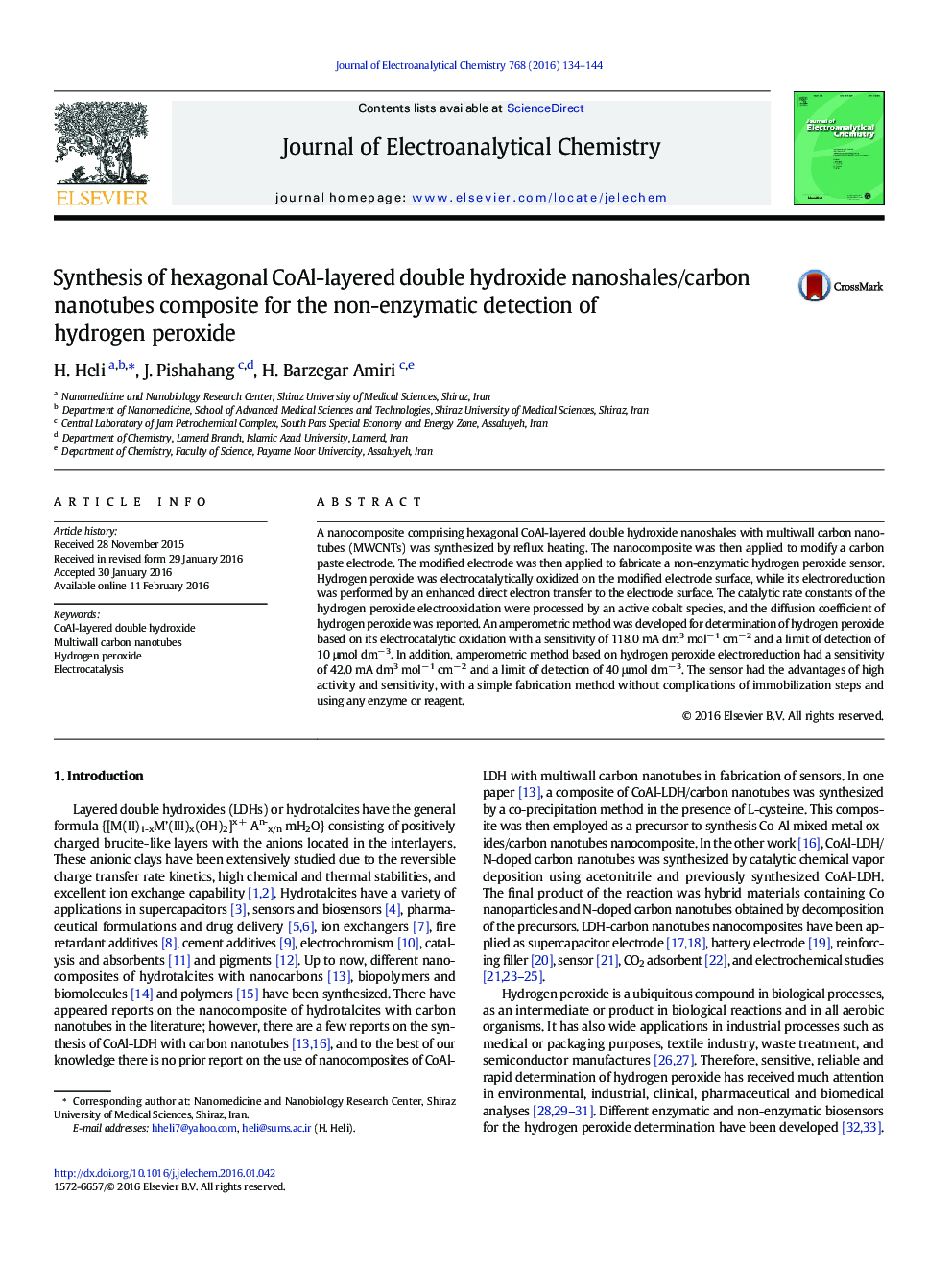 Synthesis of hexagonal CoAl-layered double hydroxide nanoshales/carbon nanotubes composite for the non-enzymatic detection of hydrogen peroxide