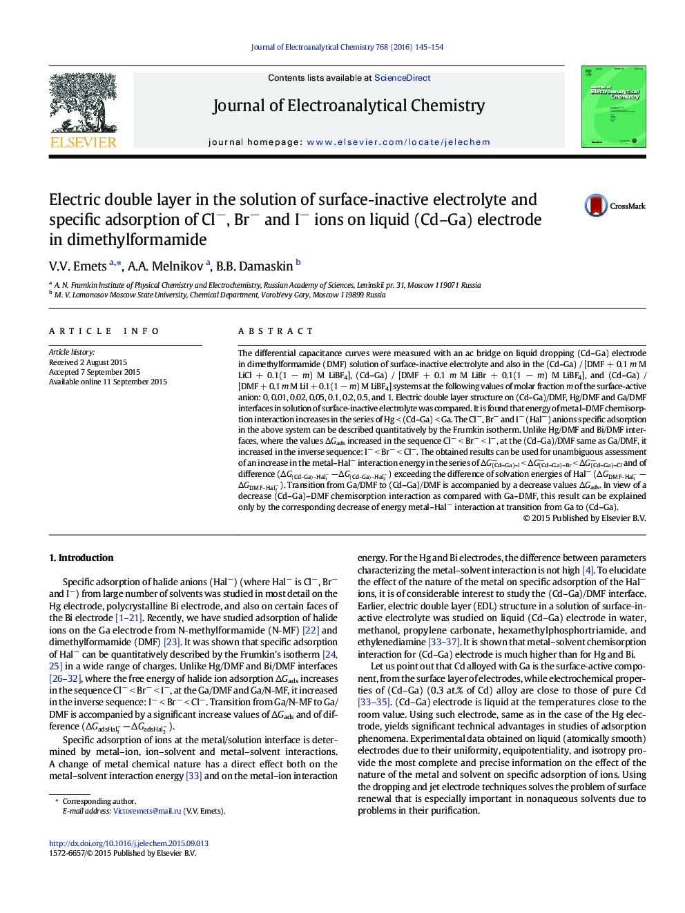 Electric double layer in the solution of surface-inactive electrolyte and specific adsorption of Cl−, Br− and I− ions on liquid (Cd–Ga) electrode in dimethylformamide