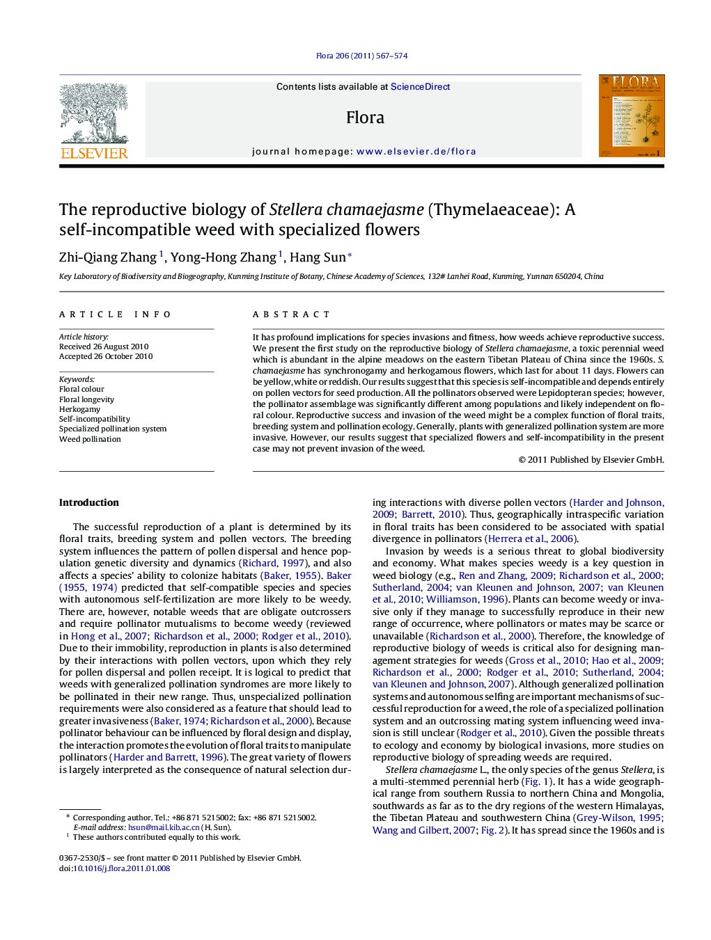 The reproductive biology of Stellera chamaejasme (Thymelaeaceae): A self-incompatible weed with specialized flowers