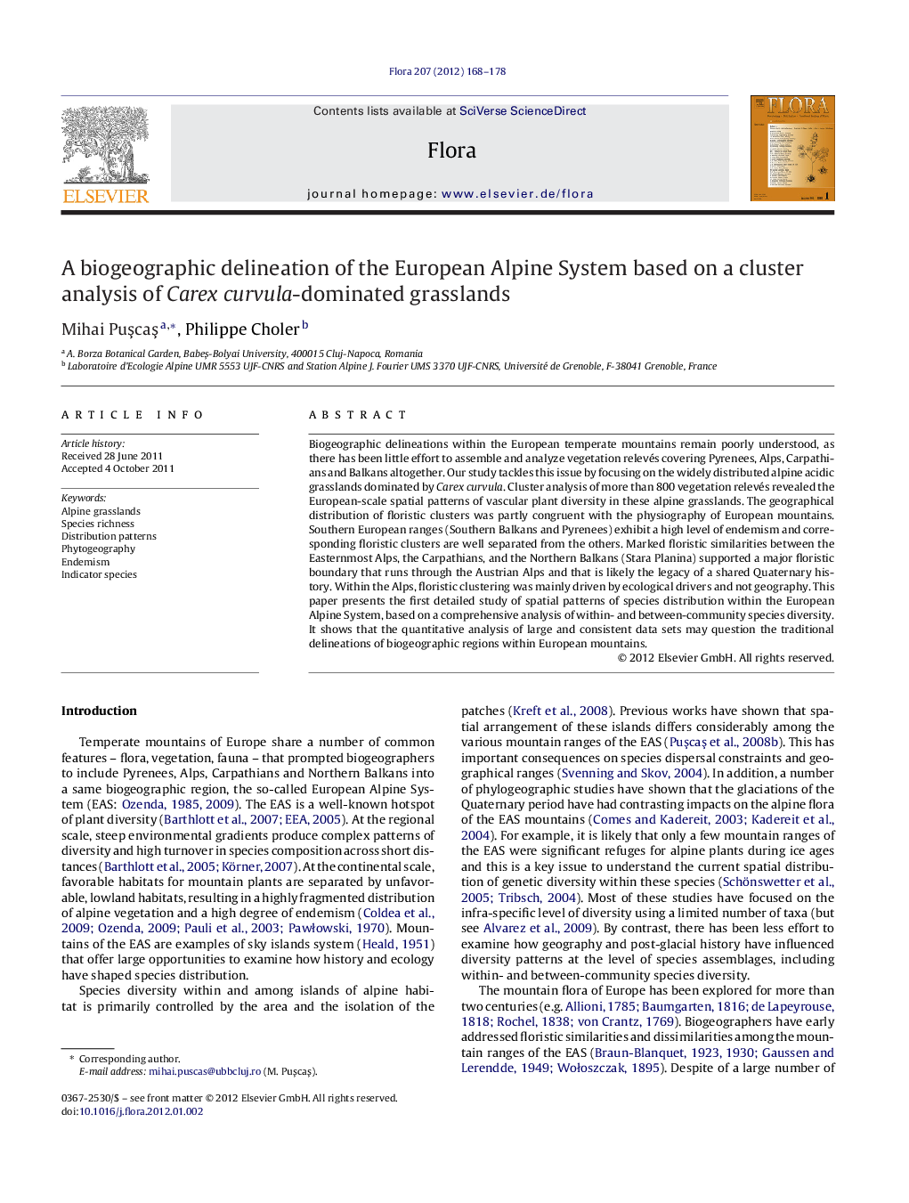 A biogeographic delineation of the European Alpine System based on a cluster analysis of Carex curvula-dominated grasslands