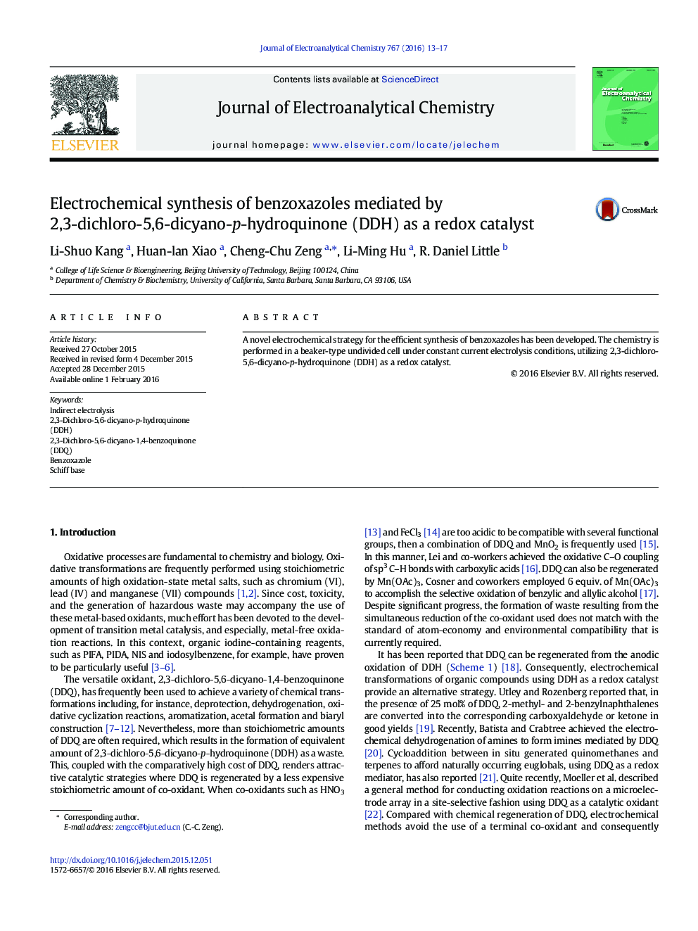 Electrochemical synthesis of benzoxazoles mediated by 2,3-dichloro-5,6-dicyano-p-hydroquinone (DDH) as a redox catalyst