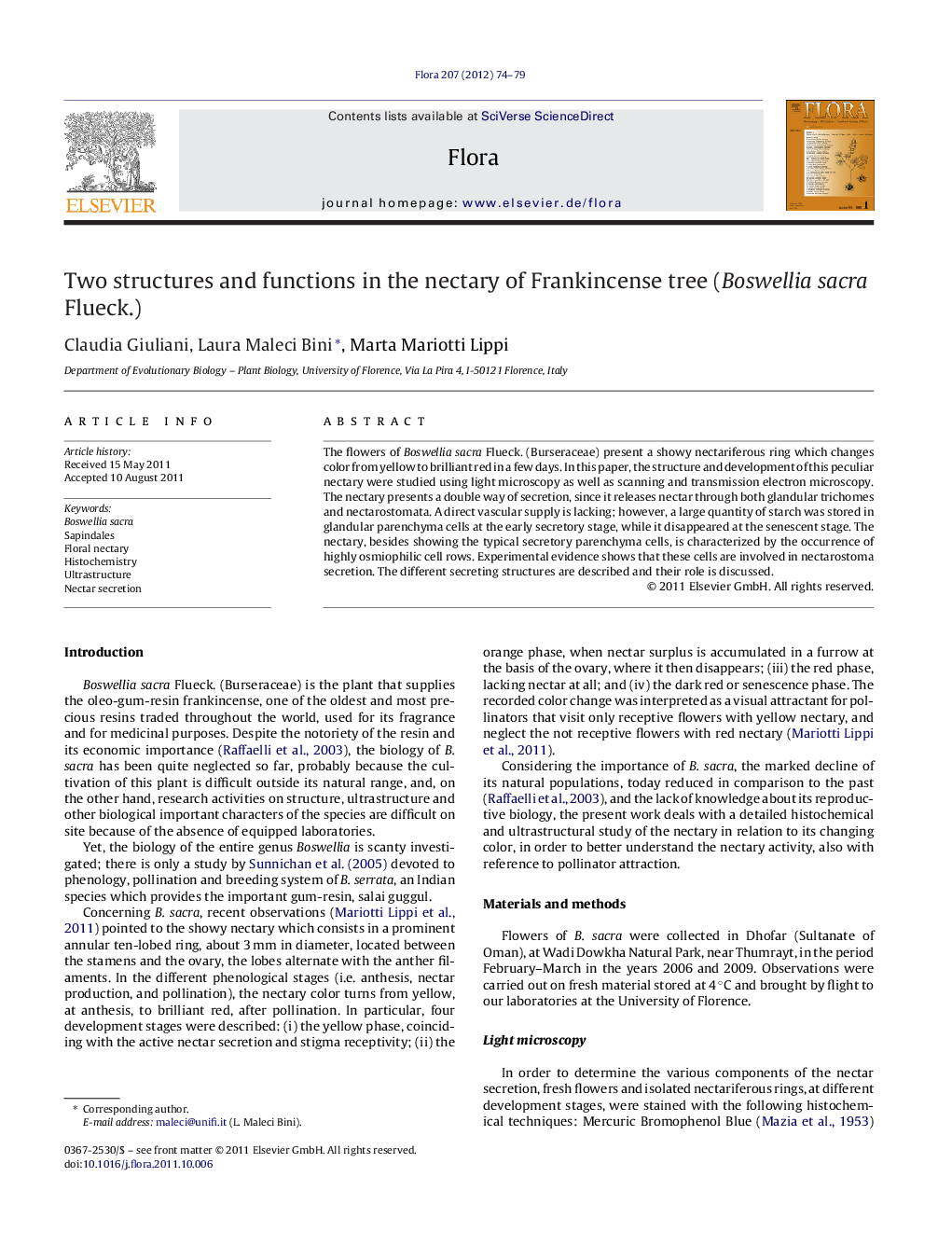 Two structures and functions in the nectary of Frankincense tree (Boswellia sacra Flueck.)