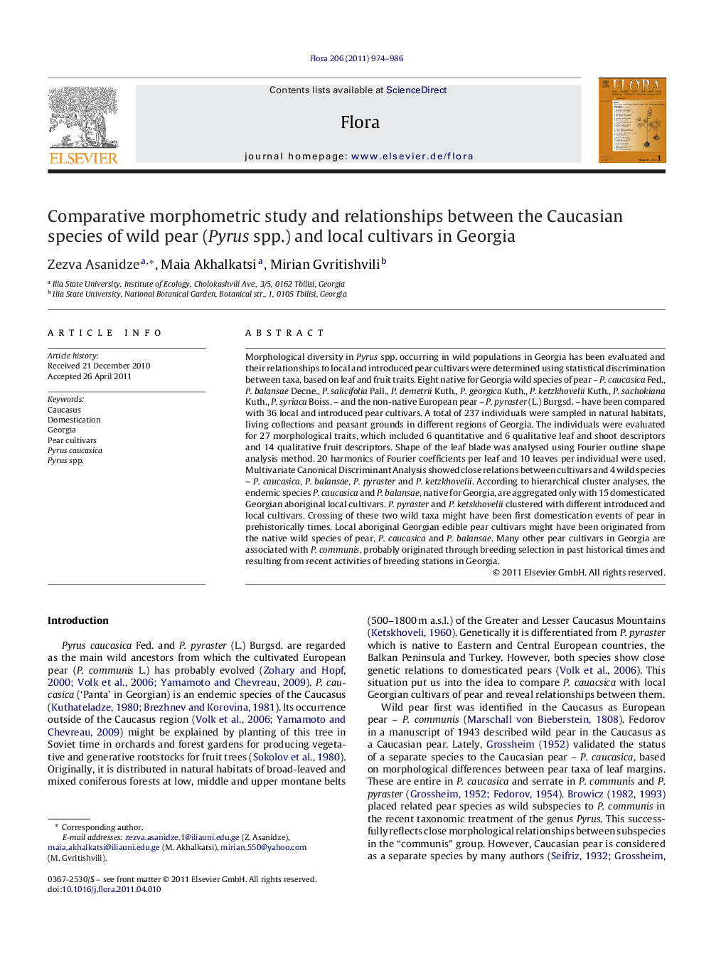 Comparative morphometric study and relationships between the Caucasian species of wild pear (Pyrus spp.) and local cultivars in Georgia