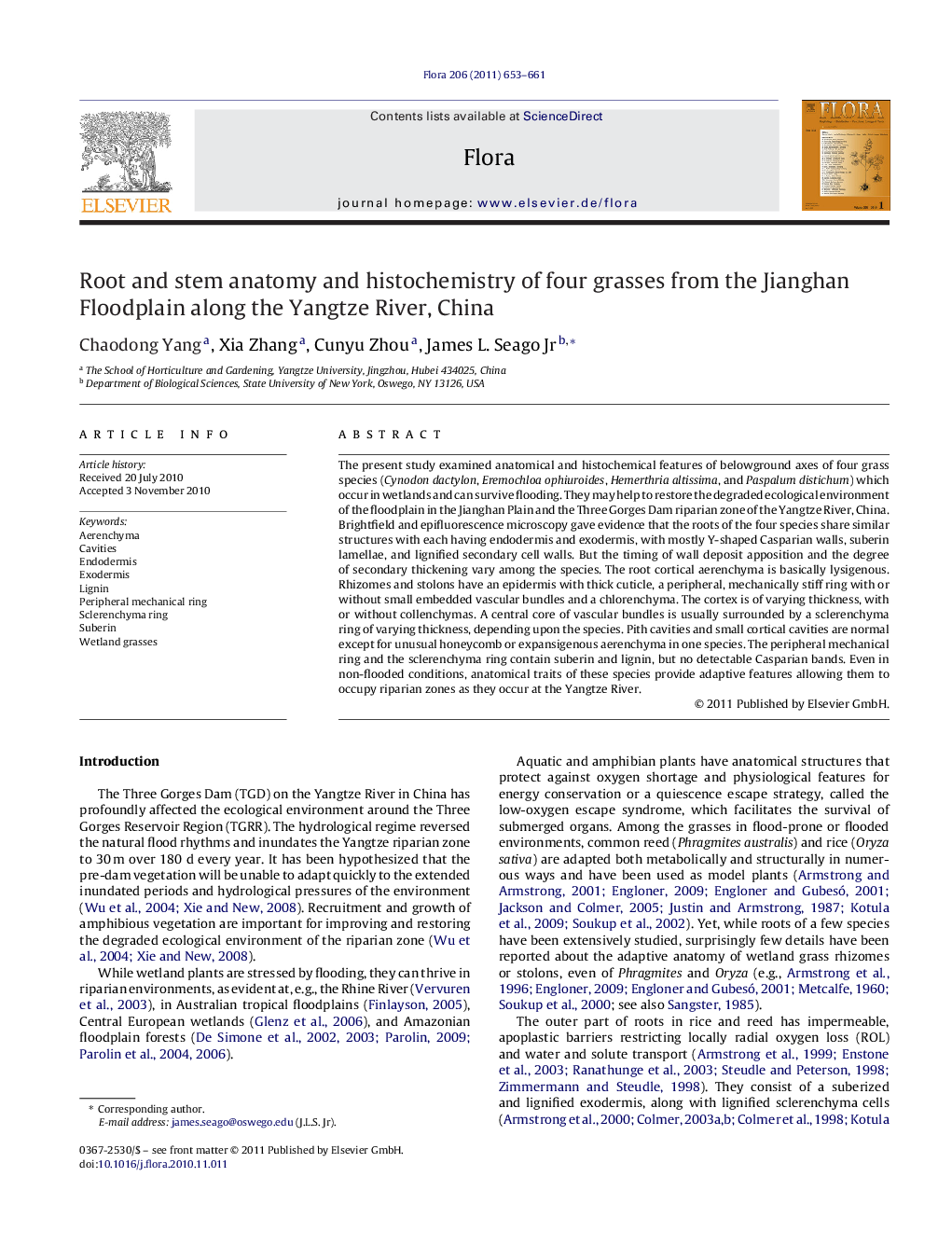 Root and stem anatomy and histochemistry of four grasses from the Jianghan Floodplain along the Yangtze River, China