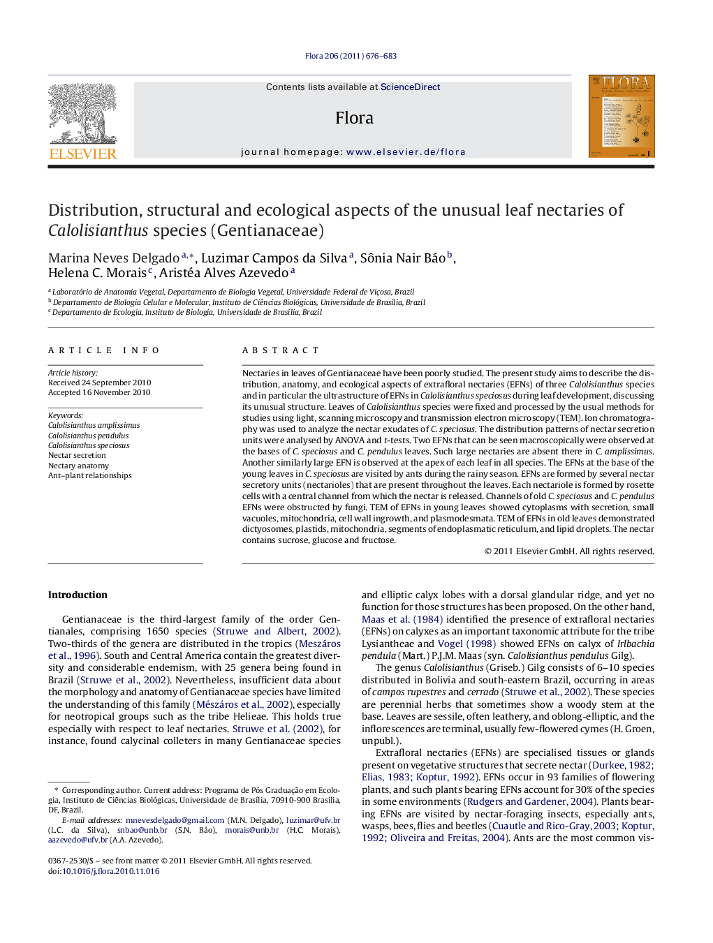 Distribution, structural and ecological aspects of the unusual leaf nectaries of Calolisianthus species (Gentianaceae)