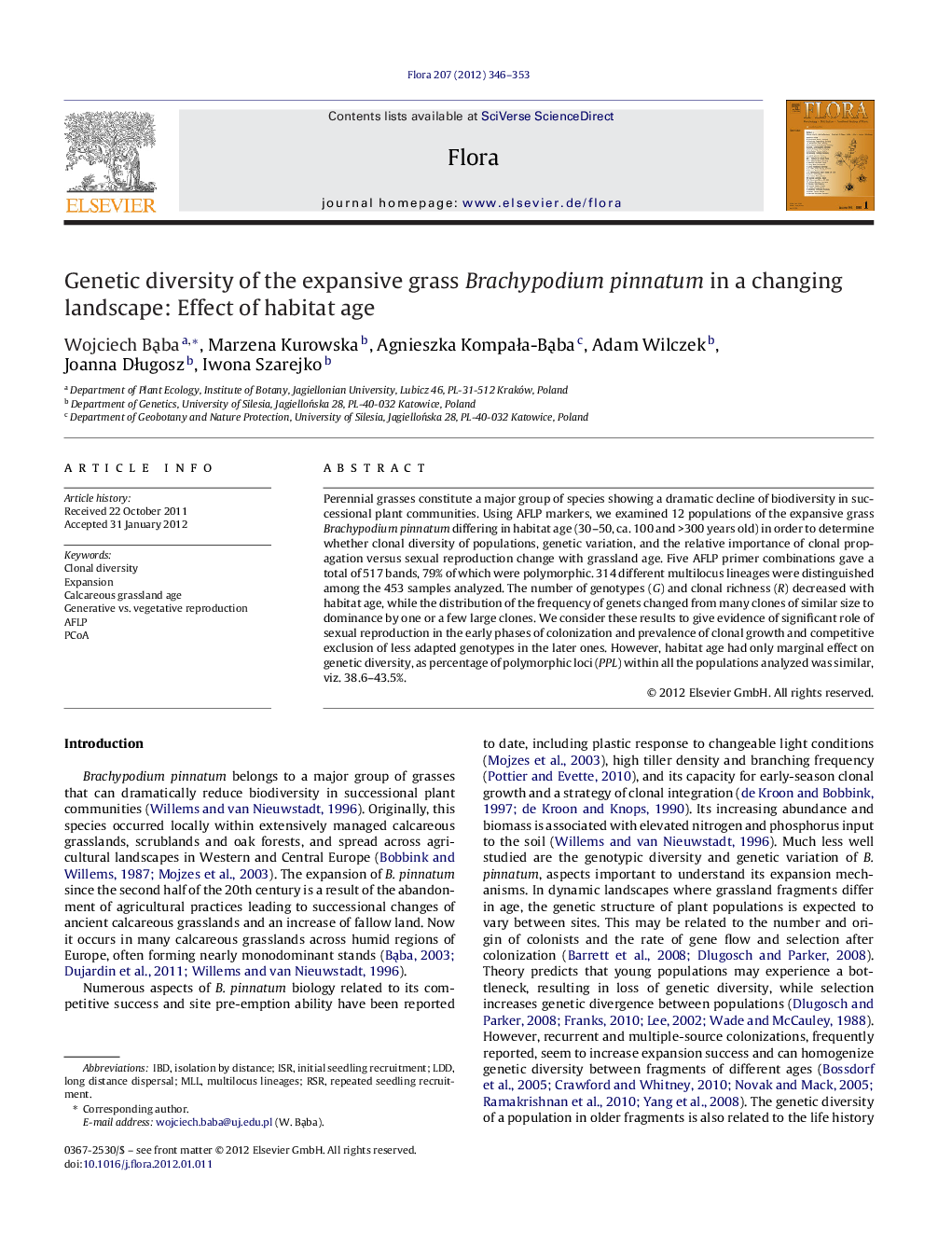 Genetic diversity of the expansive grass Brachypodium pinnatum in a changing landscape: Effect of habitat age