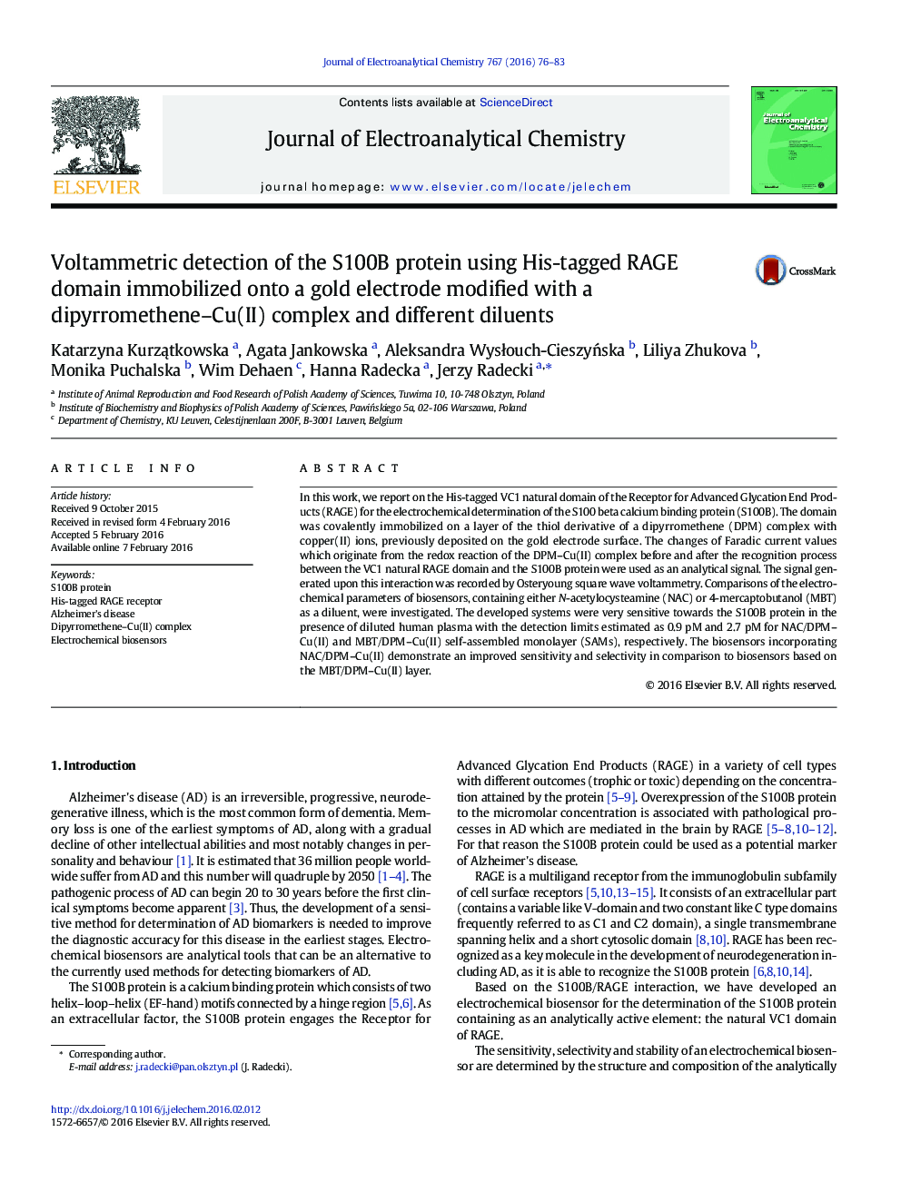 Voltammetric detection of the S100B protein using His-tagged RAGE domain immobilized onto a gold electrode modified with a dipyrromethene–Cu(II) complex and different diluents