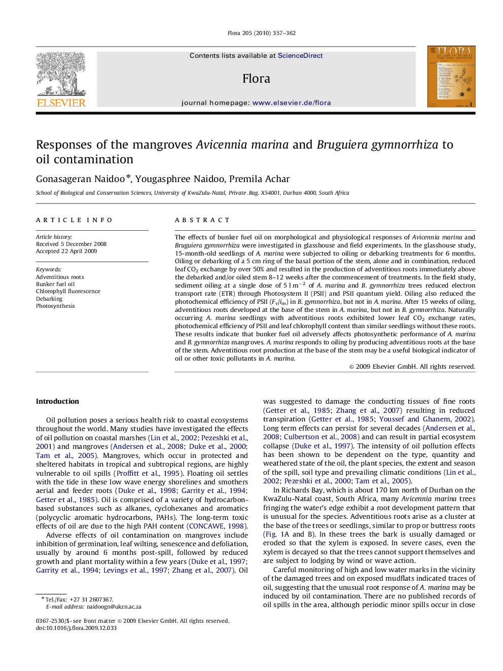 Responses of the mangroves Avicennia marina and Bruguiera gymnorrhiza to oil contamination