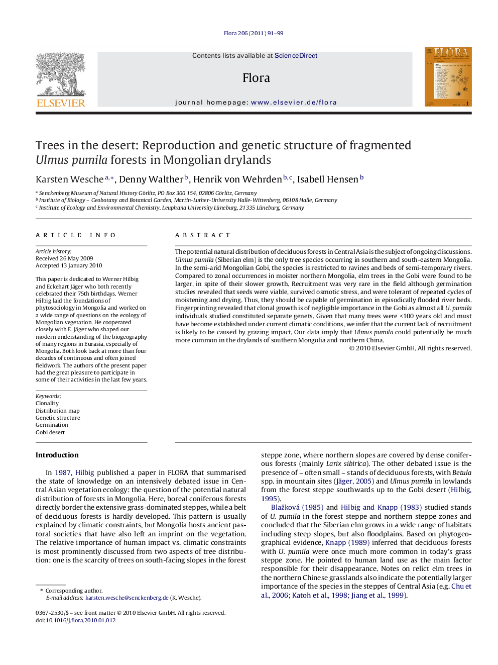 Trees in the desert: Reproduction and genetic structure of fragmented Ulmus pumila forests in Mongolian drylands