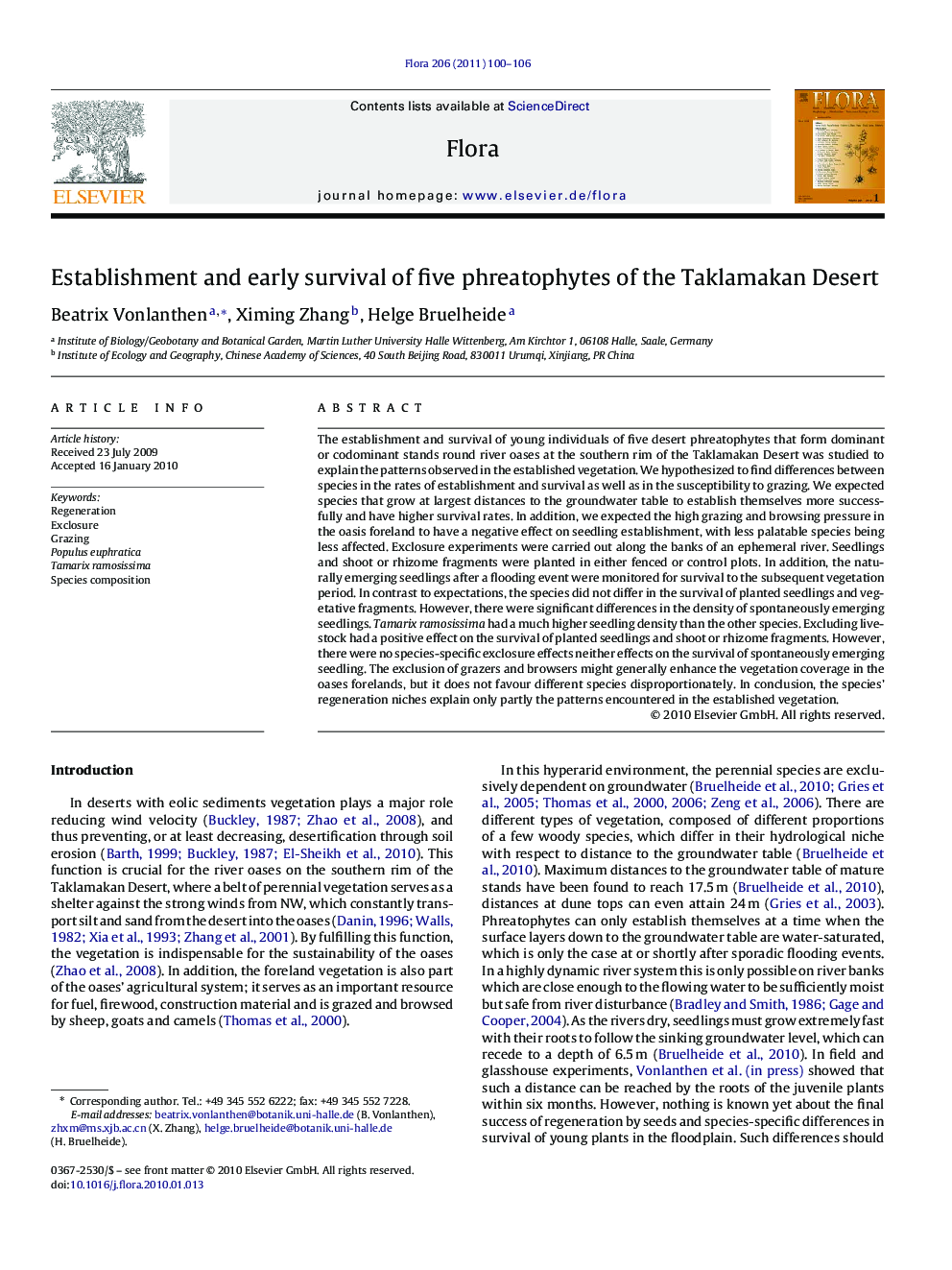 Establishment and early survival of five phreatophytes of the Taklamakan Desert