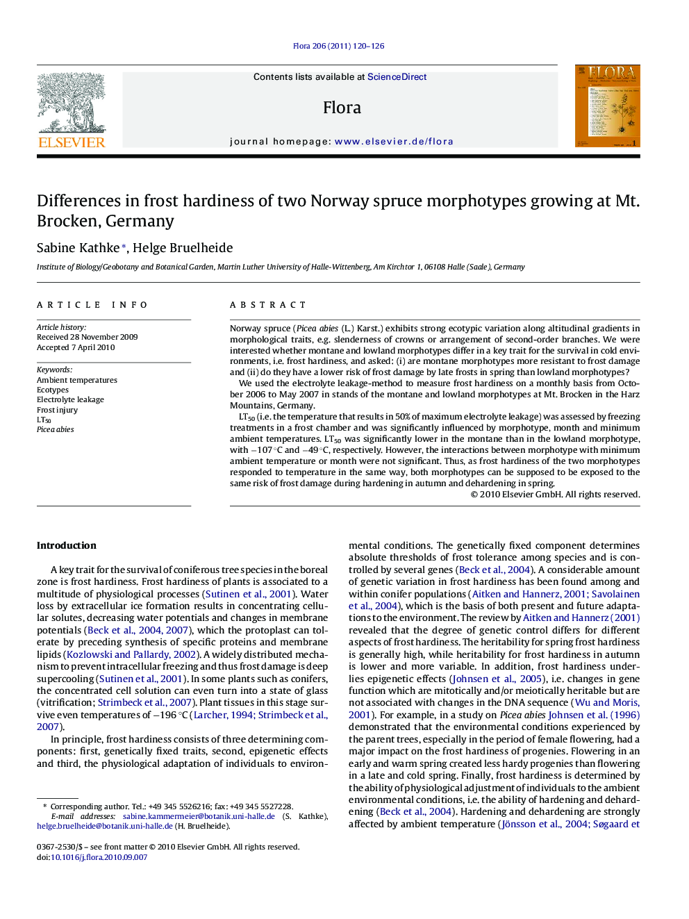 Differences in frost hardiness of two Norway spruce morphotypes growing at Mt. Brocken, Germany