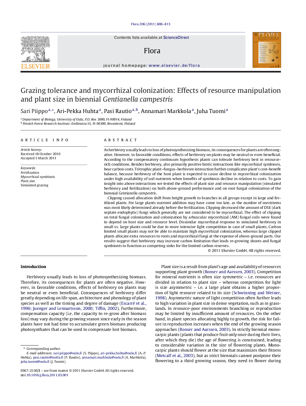 Grazing tolerance and mycorrhizal colonization: Effects of resource manipulation and plant size in biennial Gentianella campestris