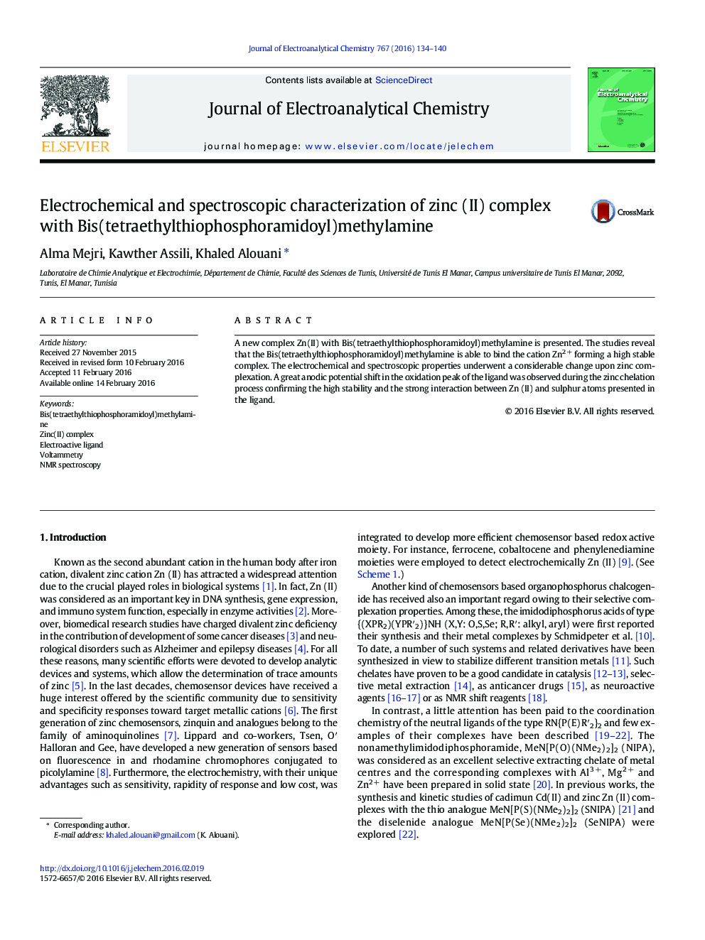 Electrochemical and spectroscopic characterization of zinc (II) complex with Bis(tetraethylthiophosphoramidoyl)methylamine