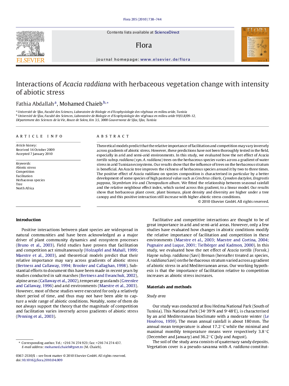 Interactions of Acacia raddiana with herbaceous vegetation change with intensity of abiotic stress