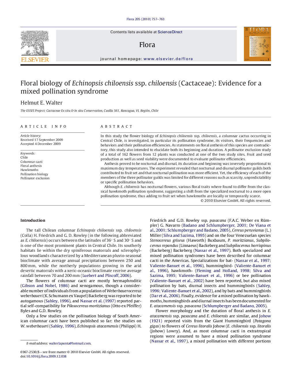 Floral biology of Echinopsis chiloensis ssp. chiloensis (Cactaceae): Evidence for a mixed pollination syndrome