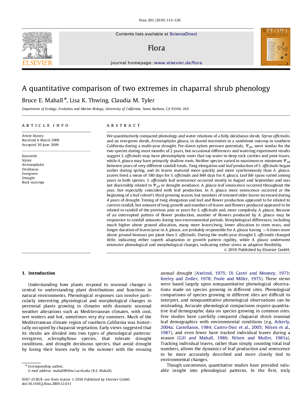 A quantitative comparison of two extremes in chaparral shrub phenology