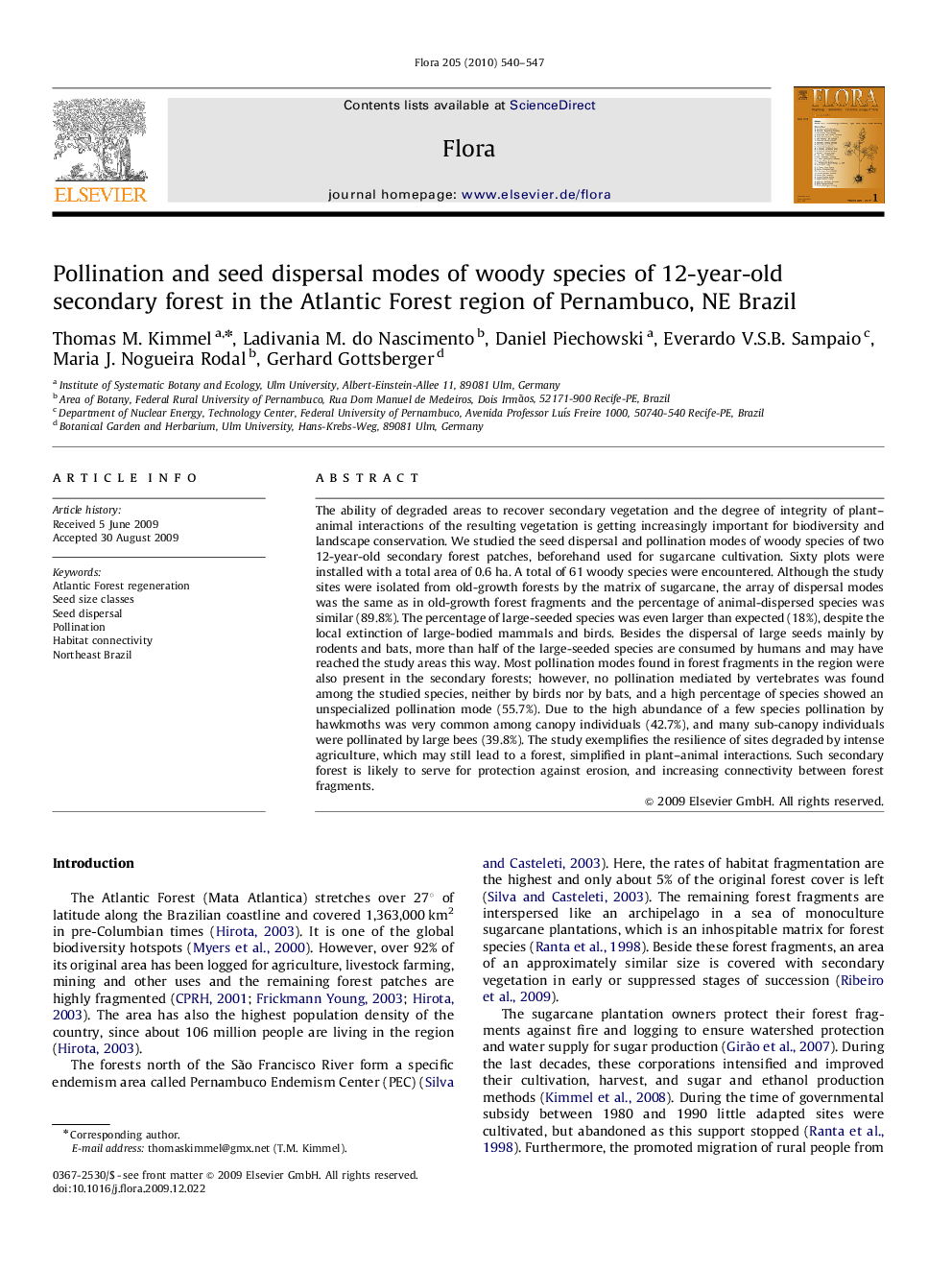 Pollination and seed dispersal modes of woody species of 12-year-old secondary forest in the Atlantic Forest region of Pernambuco, NE Brazil