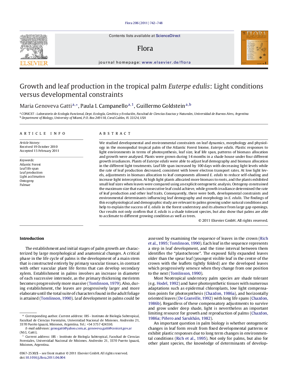 Growth and leaf production in the tropical palm Euterpe edulis: Light conditions versus developmental constraints