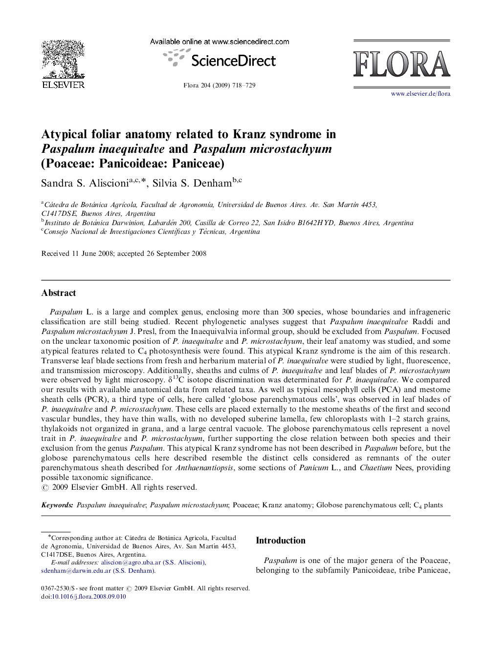 Atypical foliar anatomy related to Kranz syndrome in Paspalum inaequivalve and Paspalum microstachyum (Poaceae: Panicoideae: Paniceae)