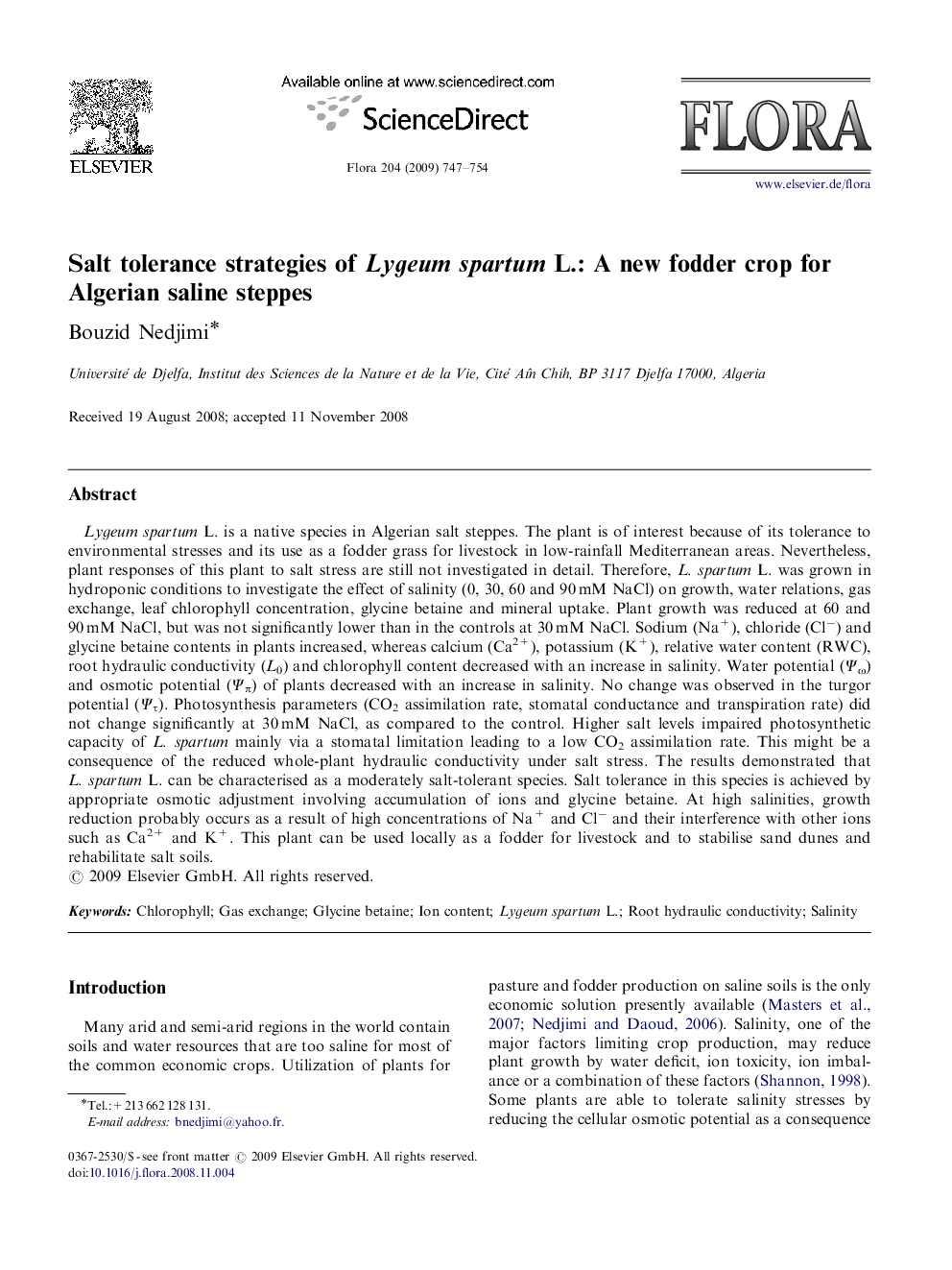 Salt tolerance strategies of Lygeum spartum L.: A new fodder crop for Algerian saline steppes