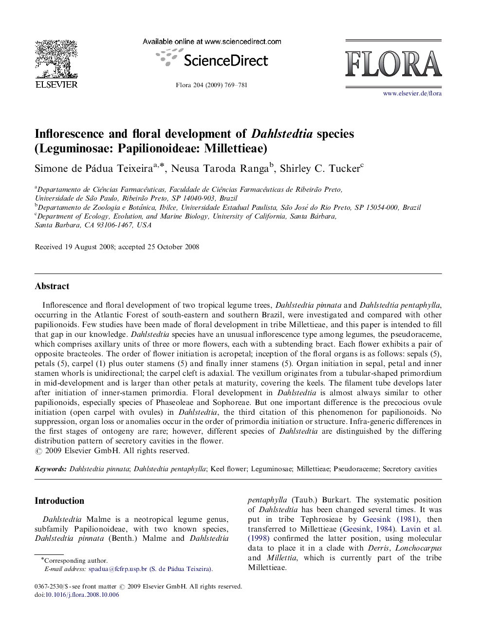 Inflorescence and floral development of Dahlstedtia species (Leguminosae: Papilionoideae: Millettieae)