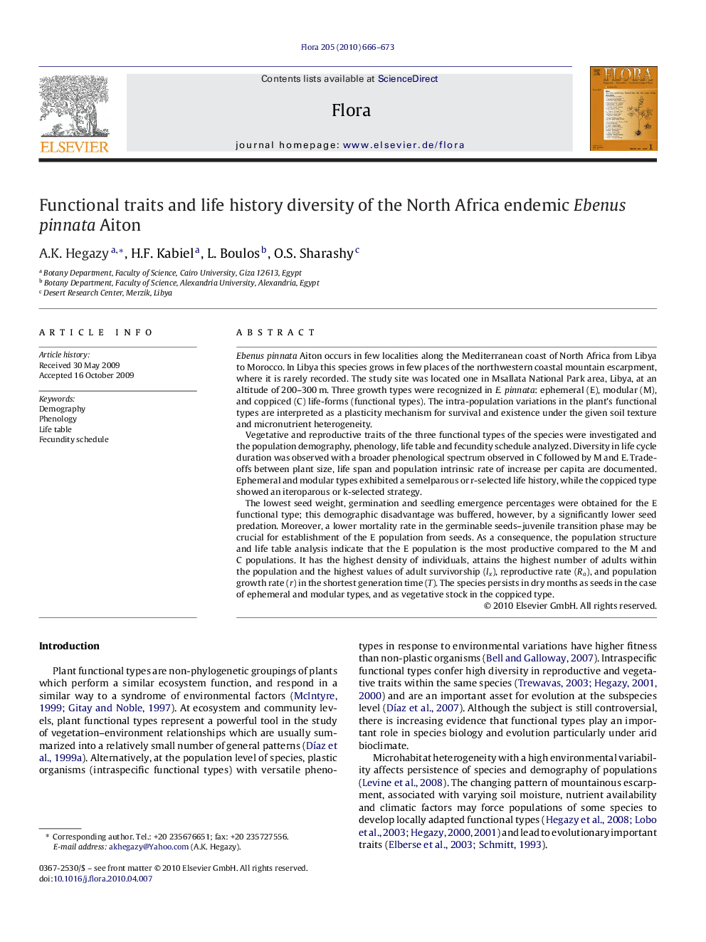 Functional traits and life history diversity of the North Africa endemic Ebenus pinnata Aiton