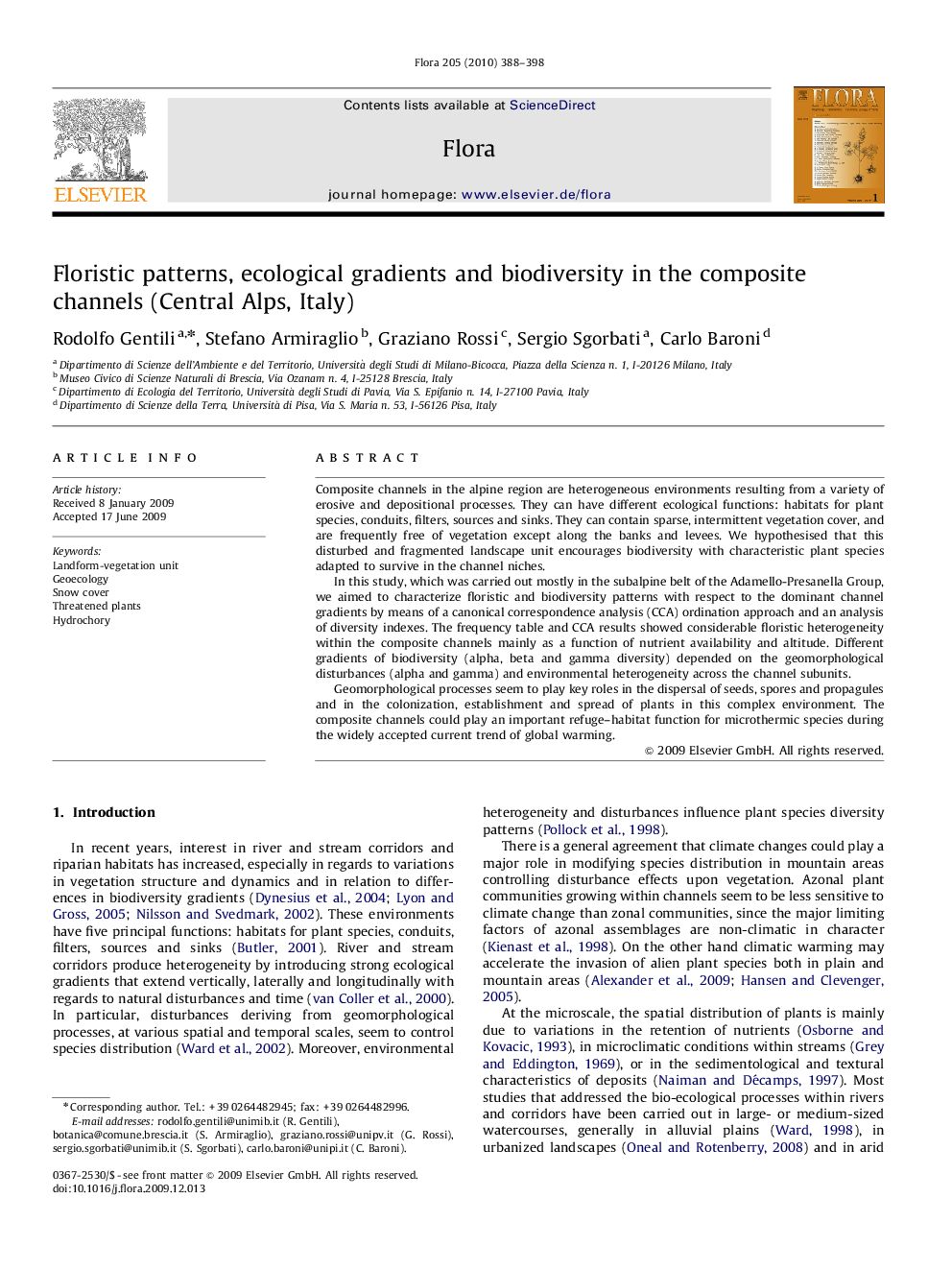 Floristic patterns, ecological gradients and biodiversity in the composite channels (Central Alps, Italy)