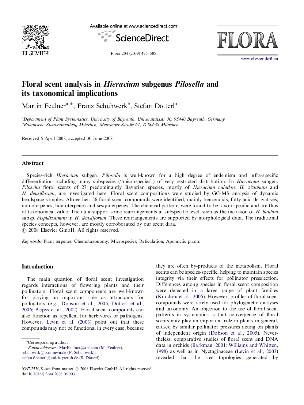 Floral scent analysis in Hieracium subgenus Pilosella and its taxonomical implications