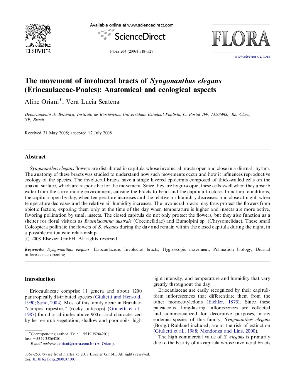 The movement of involucral bracts of Syngonanthus elegans (Eriocaulaceae-Poales): Anatomical and ecological aspects