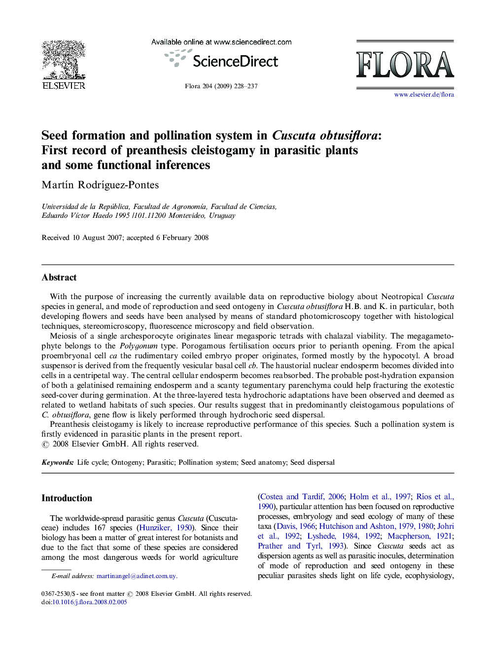 Seed formation and pollination system in Cuscuta obtusiflora: First record of preanthesis cleistogamy in parasitic plants and some functional inferences