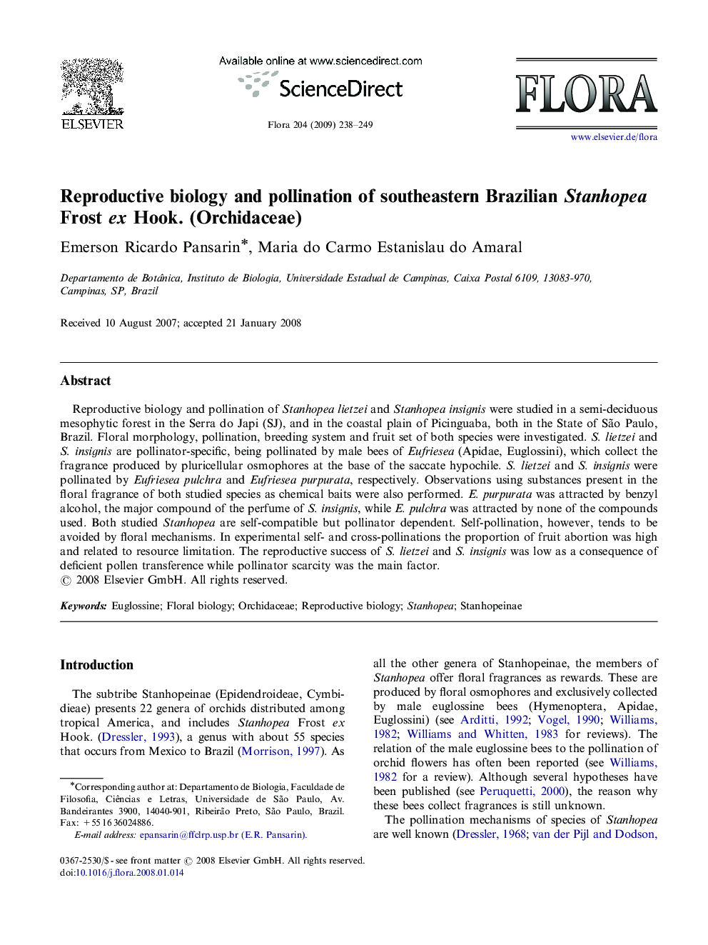 Reproductive biology and pollination of southeastern Brazilian Stanhopea Frost ex Hook. (Orchidaceae)