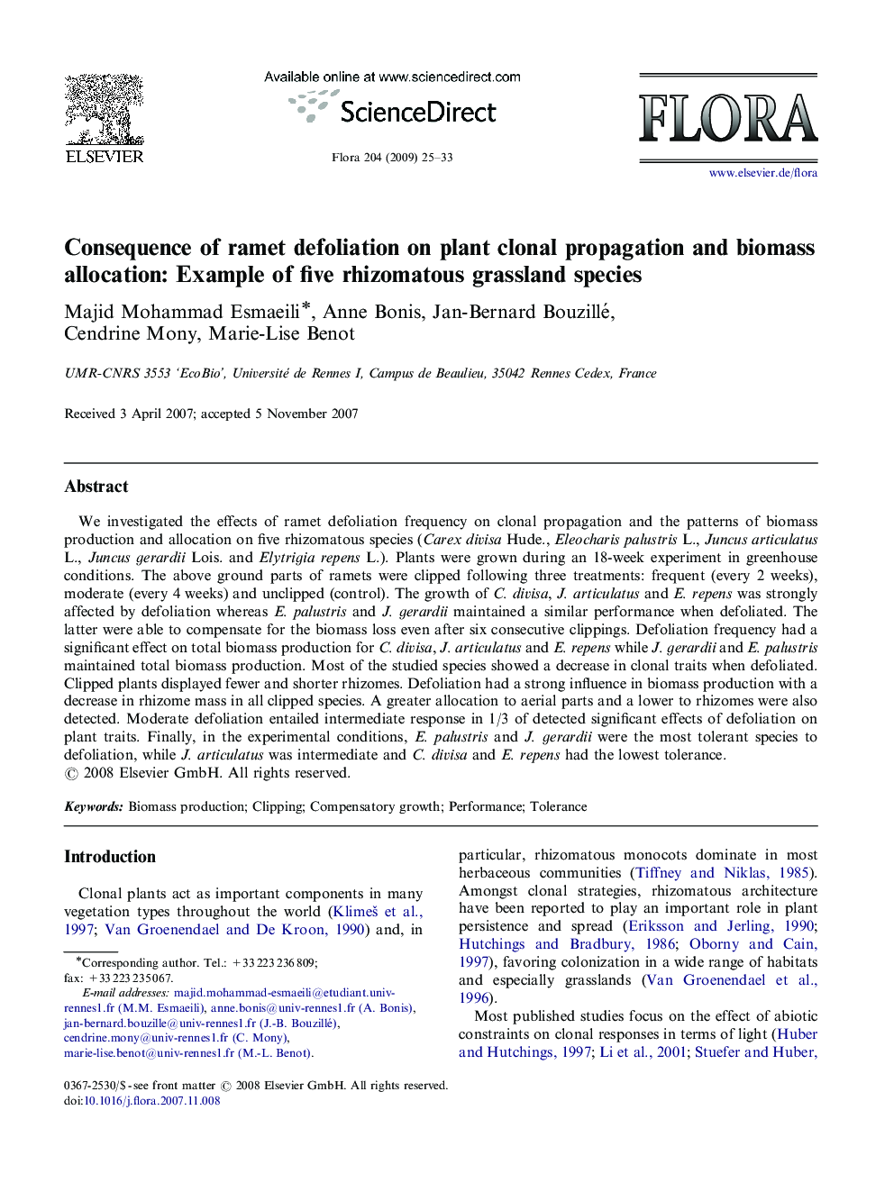 Consequence of ramet defoliation on plant clonal propagation and biomass allocation: Example of five rhizomatous grassland species