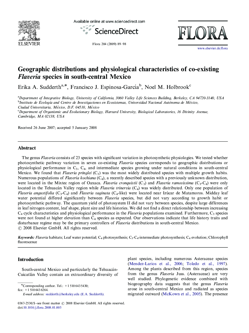 Geographic distributions and physiological characteristics of co-existing Flaveria species in south-central Mexico