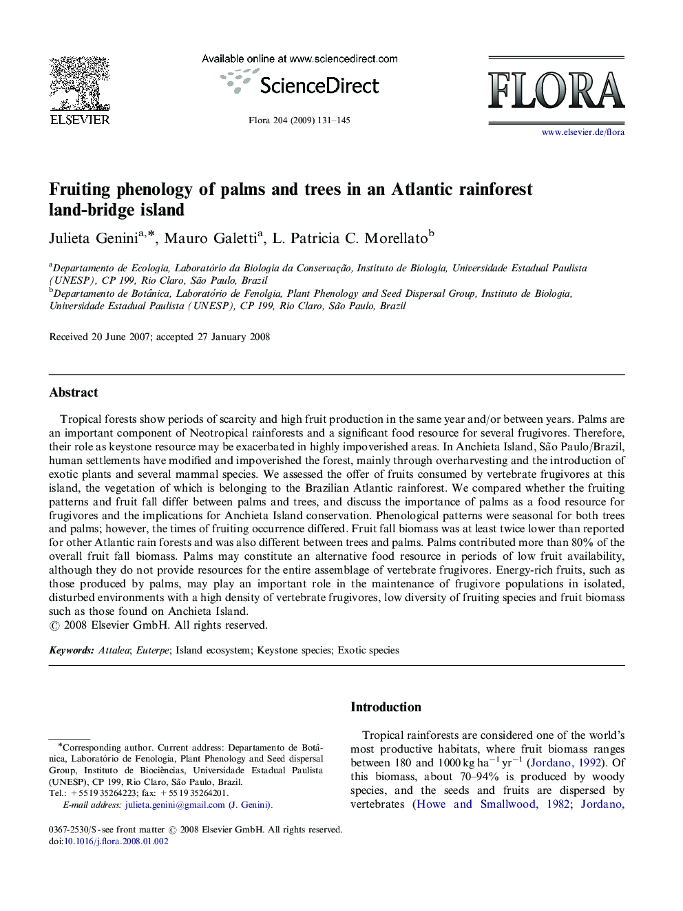 Fruiting phenology of palms and trees in an Atlantic rainforest land-bridge island