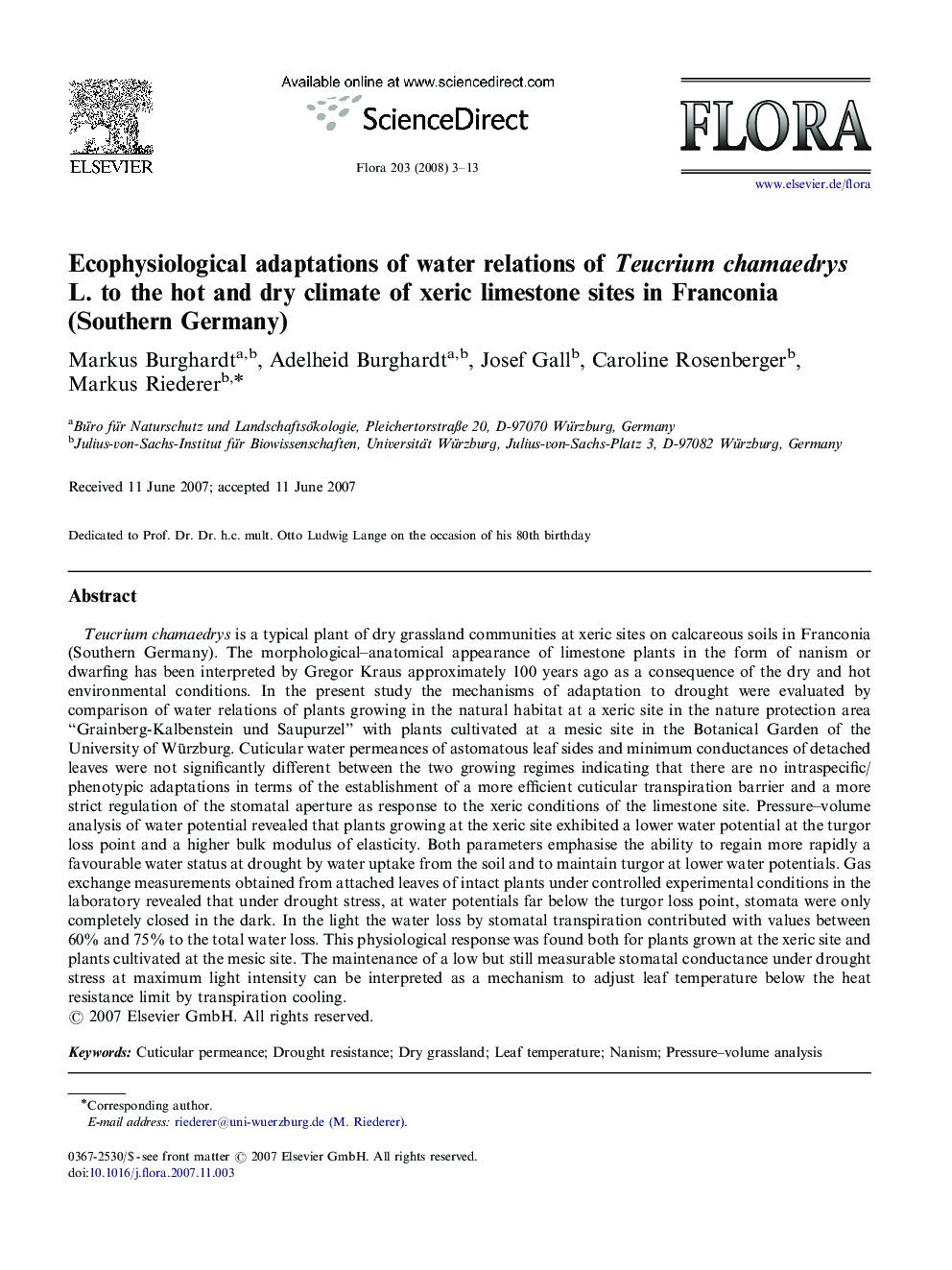 Ecophysiological adaptations of water relations of Teucrium chamaedrys L. to the hot and dry climate of xeric limestone sites in Franconia (Southern Germany)