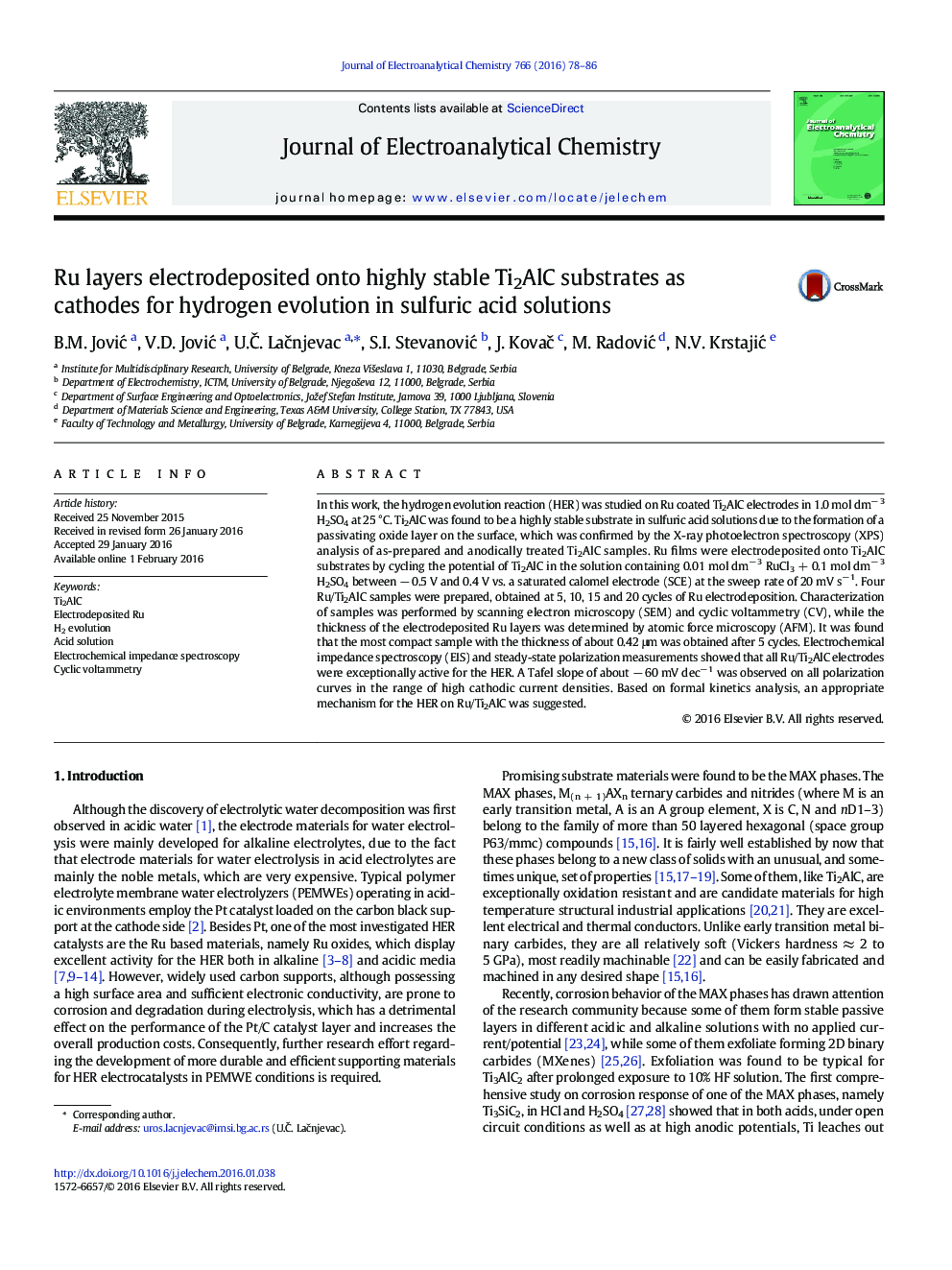 Ru layers electrodeposited onto highly stable Ti2AlC substrates as cathodes for hydrogen evolution in sulfuric acid solutions