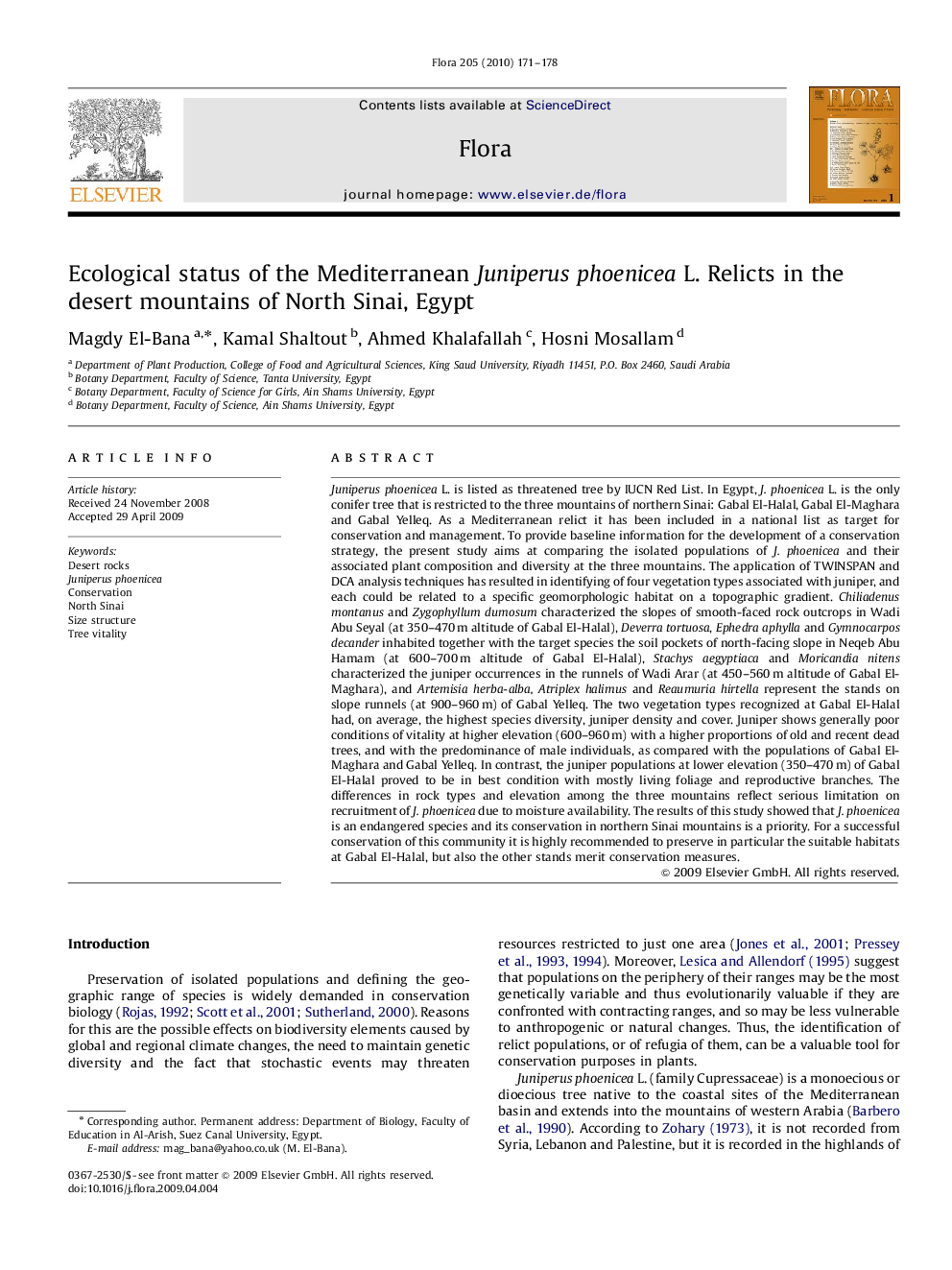 Ecological status of the Mediterranean Juniperus phoenicea L. Relicts in the desert mountains of North Sinai, Egypt