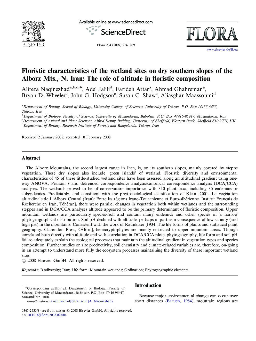 Floristic characteristics of the wetland sites on dry southern slopes of the Alborz Mts., N. Iran: The role of altitude in floristic composition