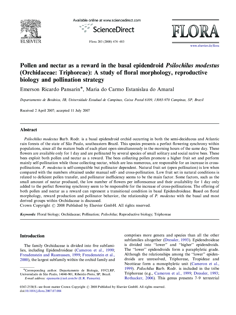 Pollen and nectar as a reward in the basal epidendroid Psilochilus modestus (Orchidaceae: Triphoreae): A study of floral morphology, reproductive biology and pollination strategy