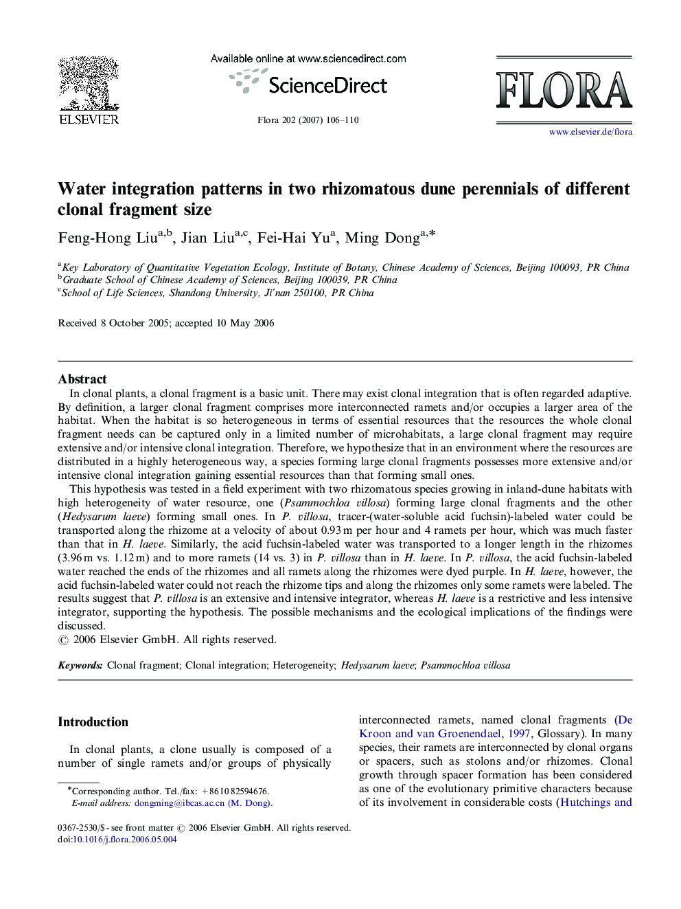 Water integration patterns in two rhizomatous dune perennials of different clonal fragment size