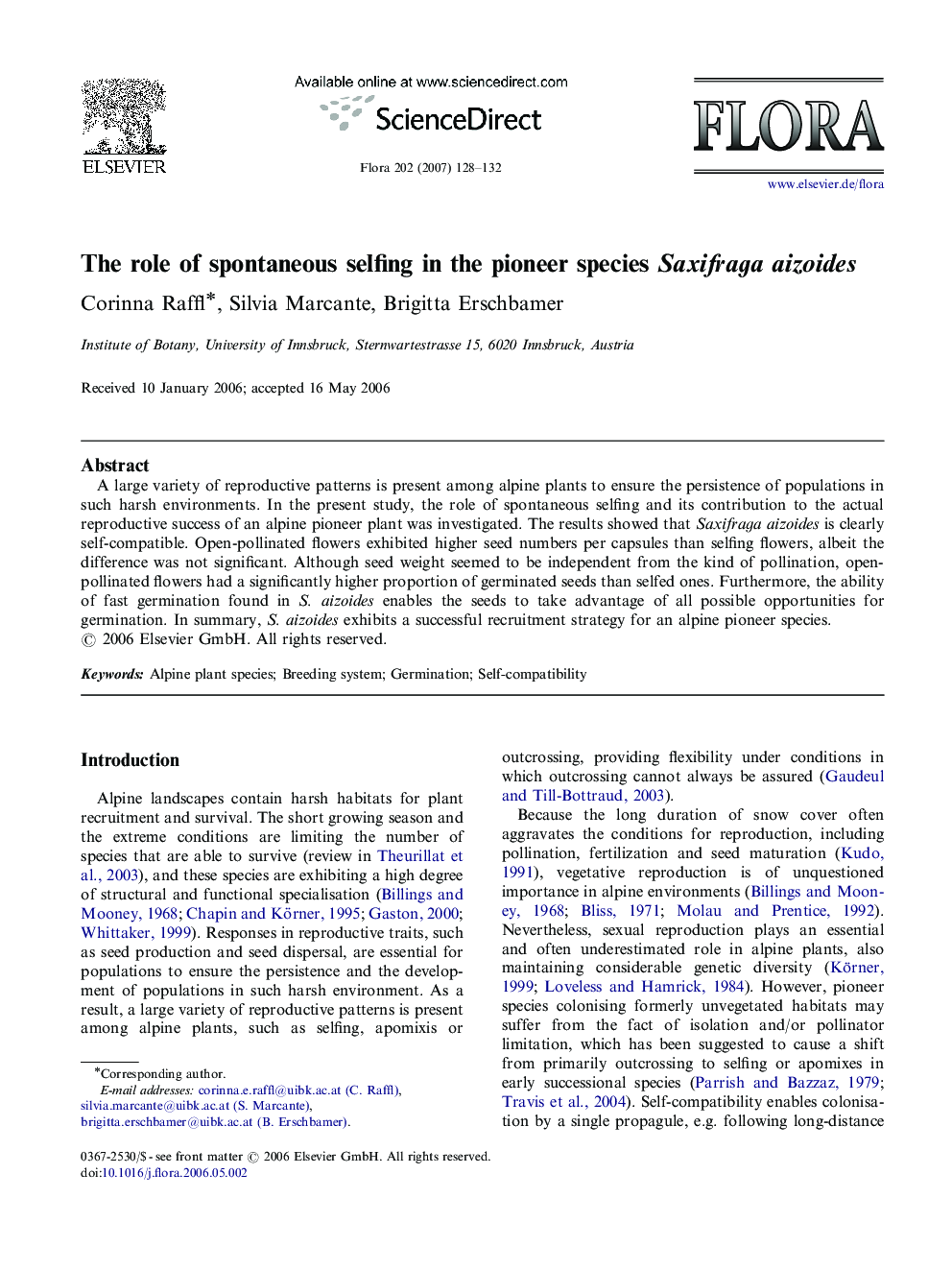 The role of spontaneous selfing in the pioneer species Saxifraga aizoides