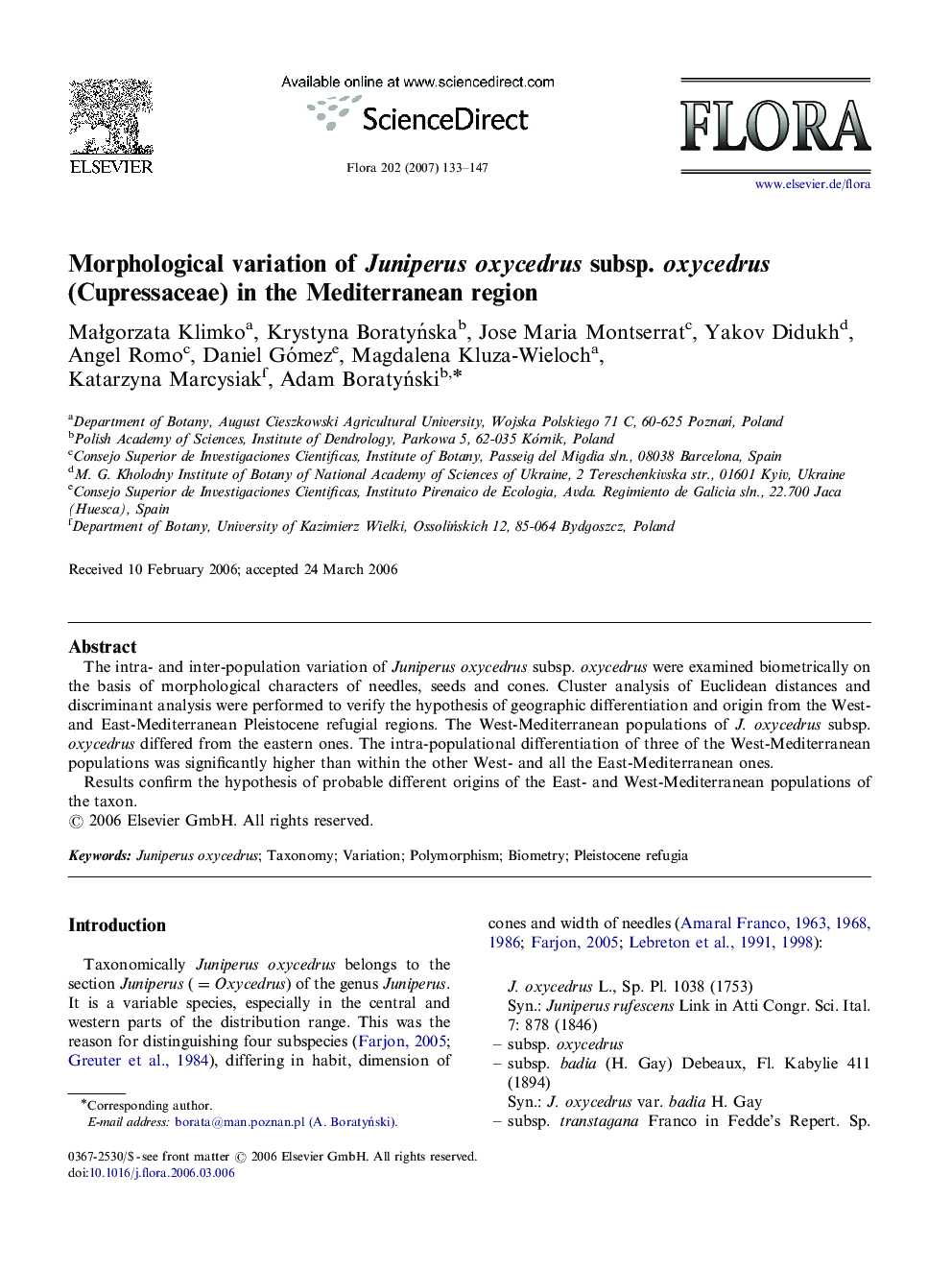 Morphological variation of Juniperus oxycedrus subsp. oxycedrus (Cupressaceae) in the Mediterranean region