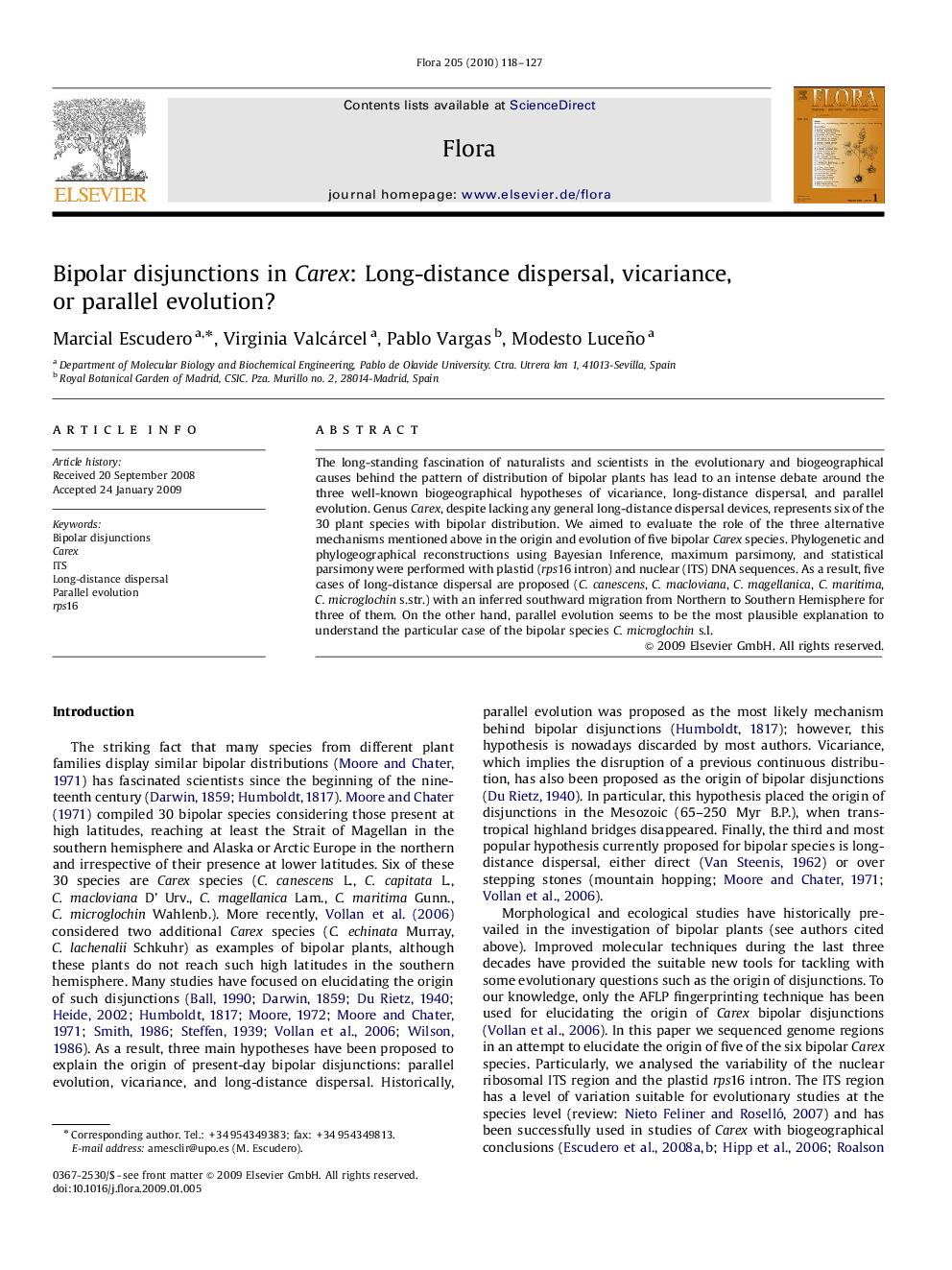 Bipolar disjunctions in Carex: Long-distance dispersal, vicariance, or parallel evolution?